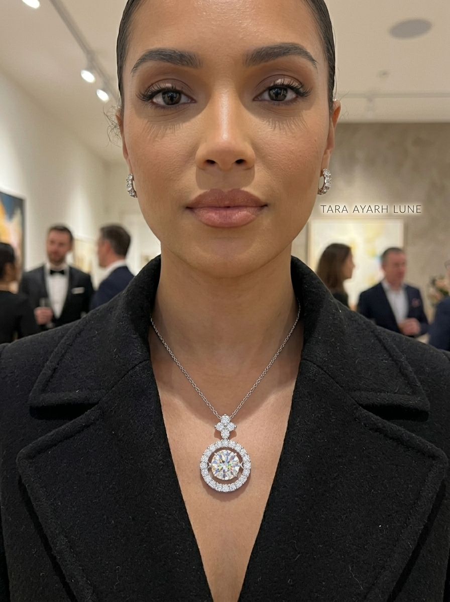 "MSD.003 Pulsar Kinetic Pendant by TARA AYARH LUNE featuring a 1.0ct Lab-Grown Moissanite in a Scientific Precision Setting. High-performance jewelry with 2.65 RI, D Color, VVS Clarity, and 9.25 Mohs hardness
