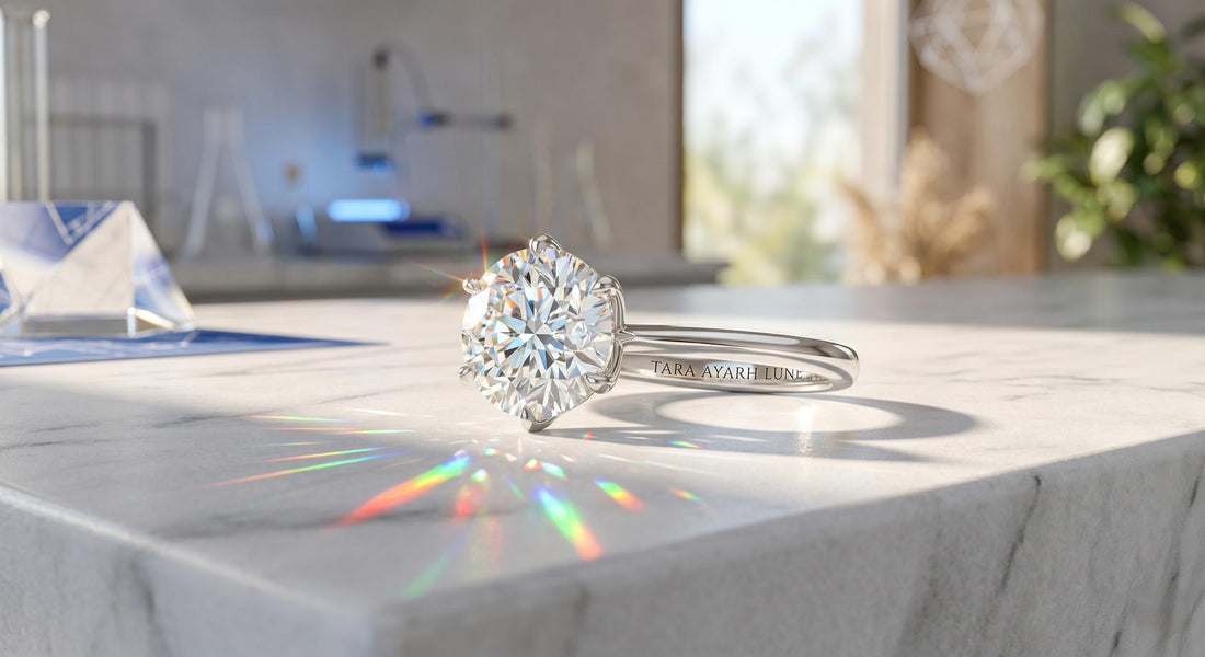 TARA AYARH LUNE Moissanite Science of Sparkle 2.65 RI Light Refraction for Mindful Weddings