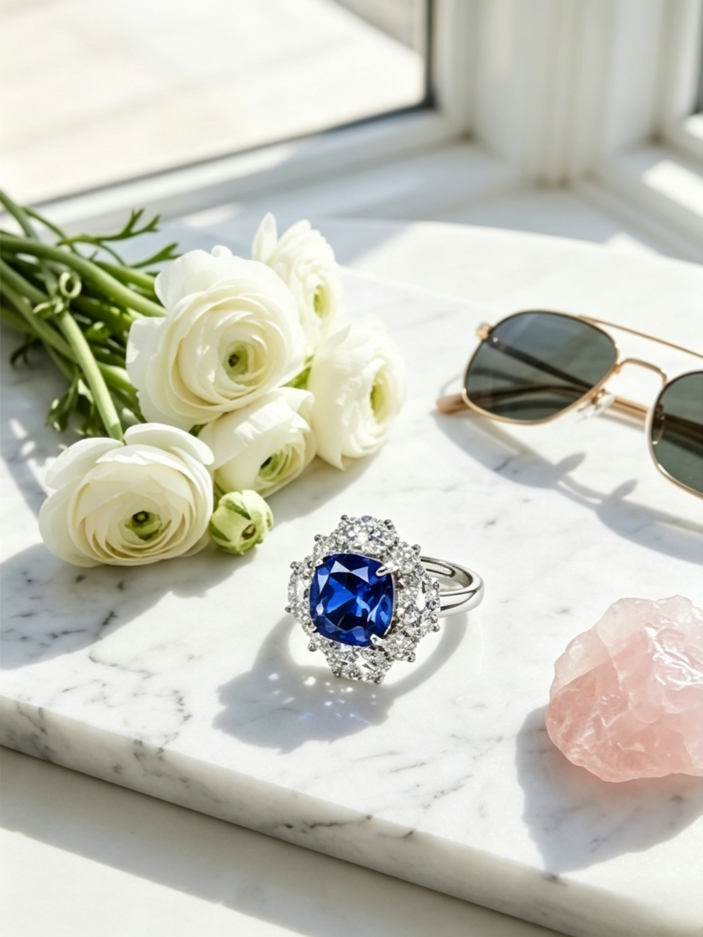 MSR.338Bo7# Azure Prism Statement Ring | 8.0mm Cushion Blue Moissanite | TARA AYARH LUNE
