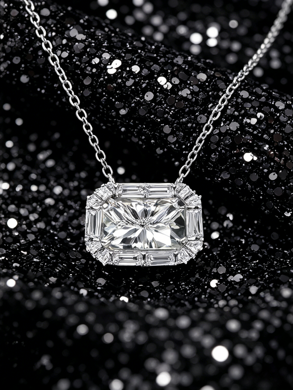MSD.288|Engineered Radiance™ Pendant – 2CT Radiant Moissanite Halo Necklace with Baguette Accents