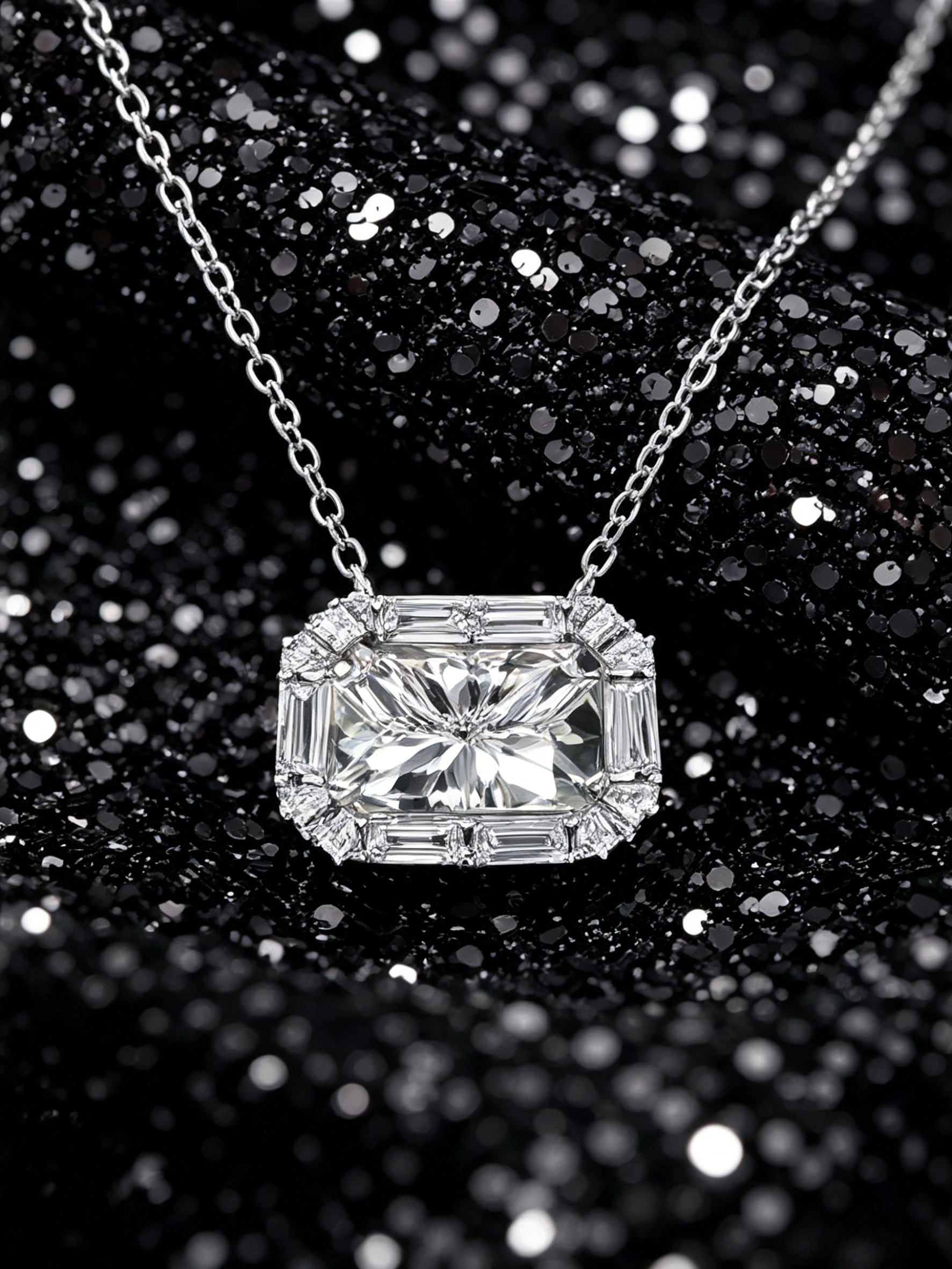 MSD.288|Engineered Radiance™ Pendant – 2CT Radiant Moissanite Halo Necklace with Baguette Accents