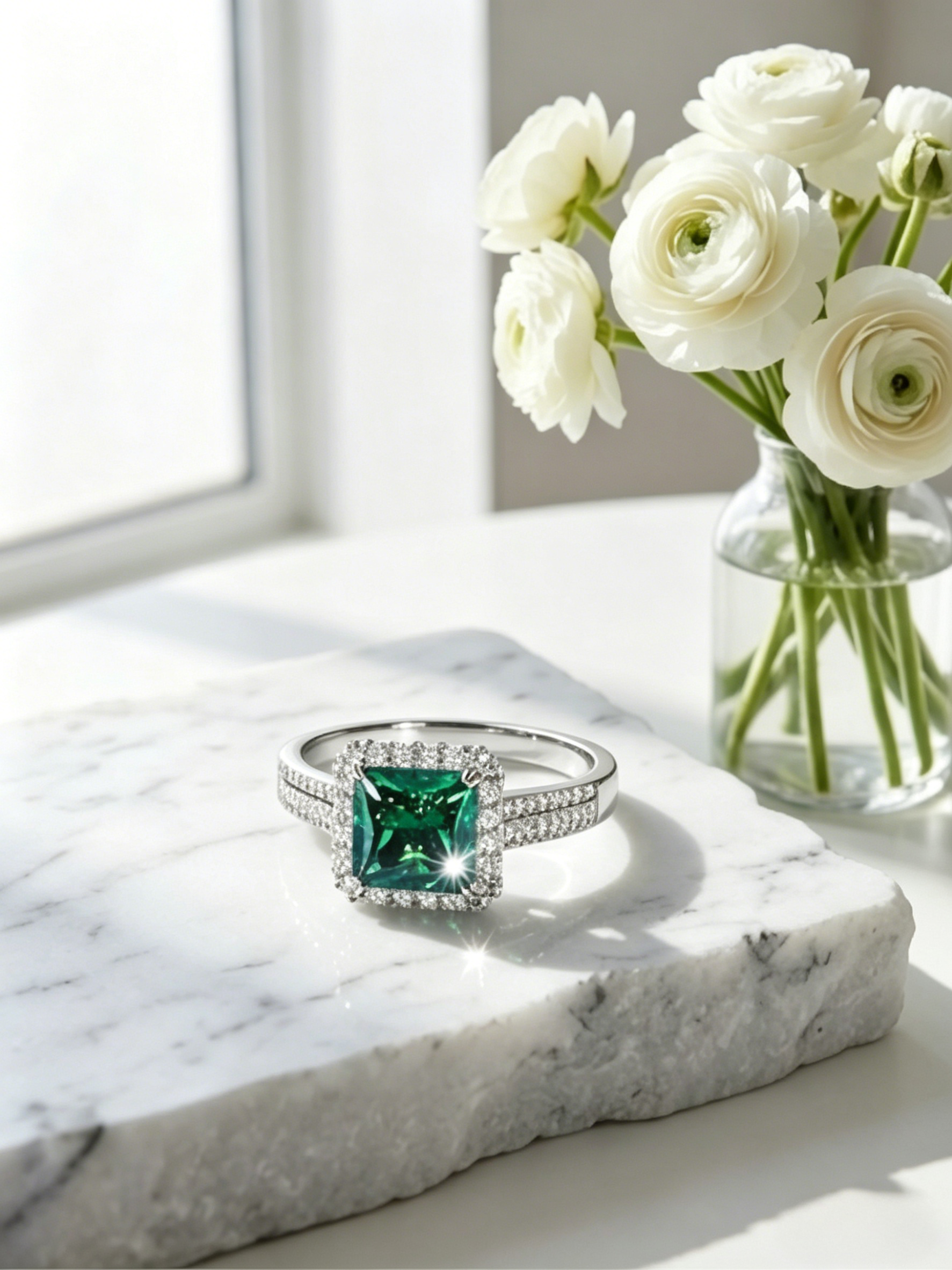 MSR.122Go7# Verdant Majesty Ring | 5.5mm Square Green Moissanite Halo | TARA AYARH LUNE