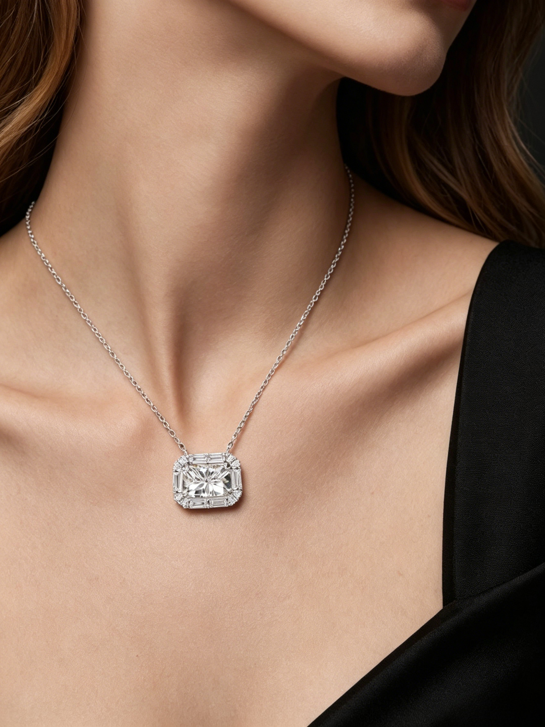 MSD.288|Engineered Radiance™ Pendant – 2CT Radiant Moissanite Halo Necklace with Baguette Accents