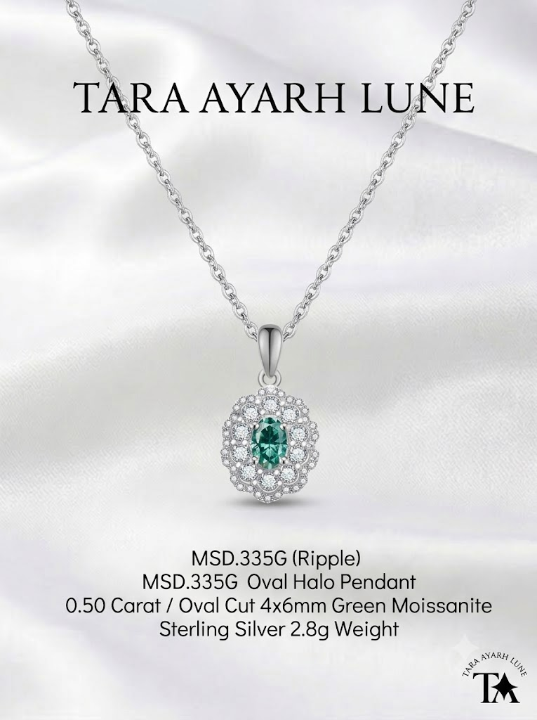 MSD.335G | "Ripple" 0.50-Carat Oval-Cut Green Moissanite Double Lace Halo Pendant Necklace