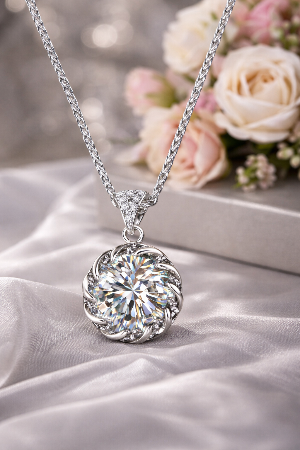 MSD.294|3 Carat Round Brilliant Moissanite Pendant Necklace – Classic Solitaire Design, 925 Sterling Silver | Engineered Diamond Alternative