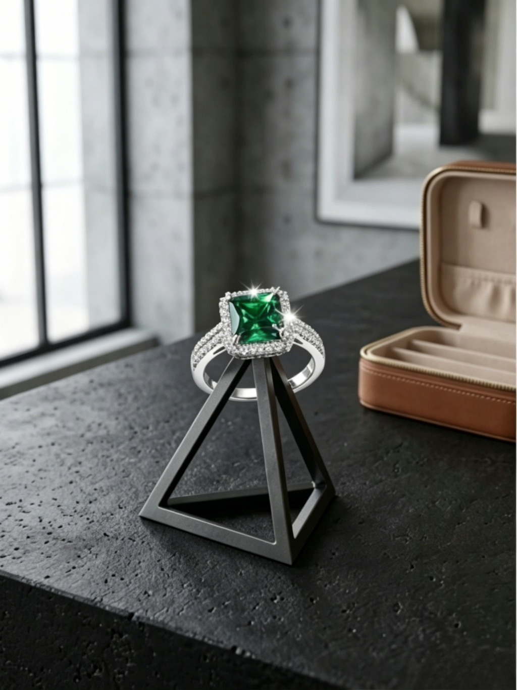 MSR.122Go7# Verdant Majesty Ring | 5.5mm Square Green Moissanite Halo | TARA AYARH LUNE