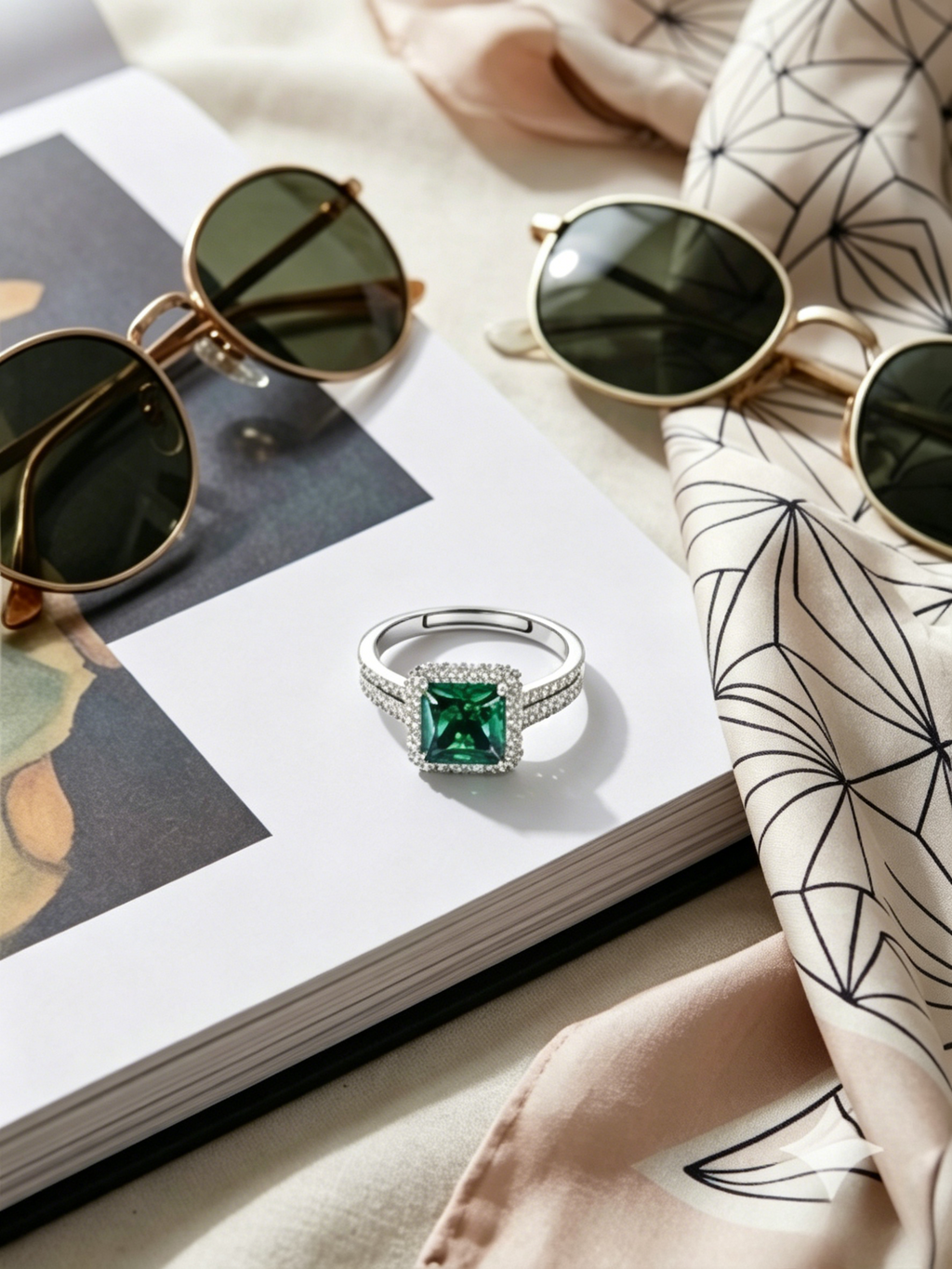 MSR.122Go7# Verdant Majesty Ring | 5.5mm Square Green Moissanite Halo | TARA AYARH LUNE