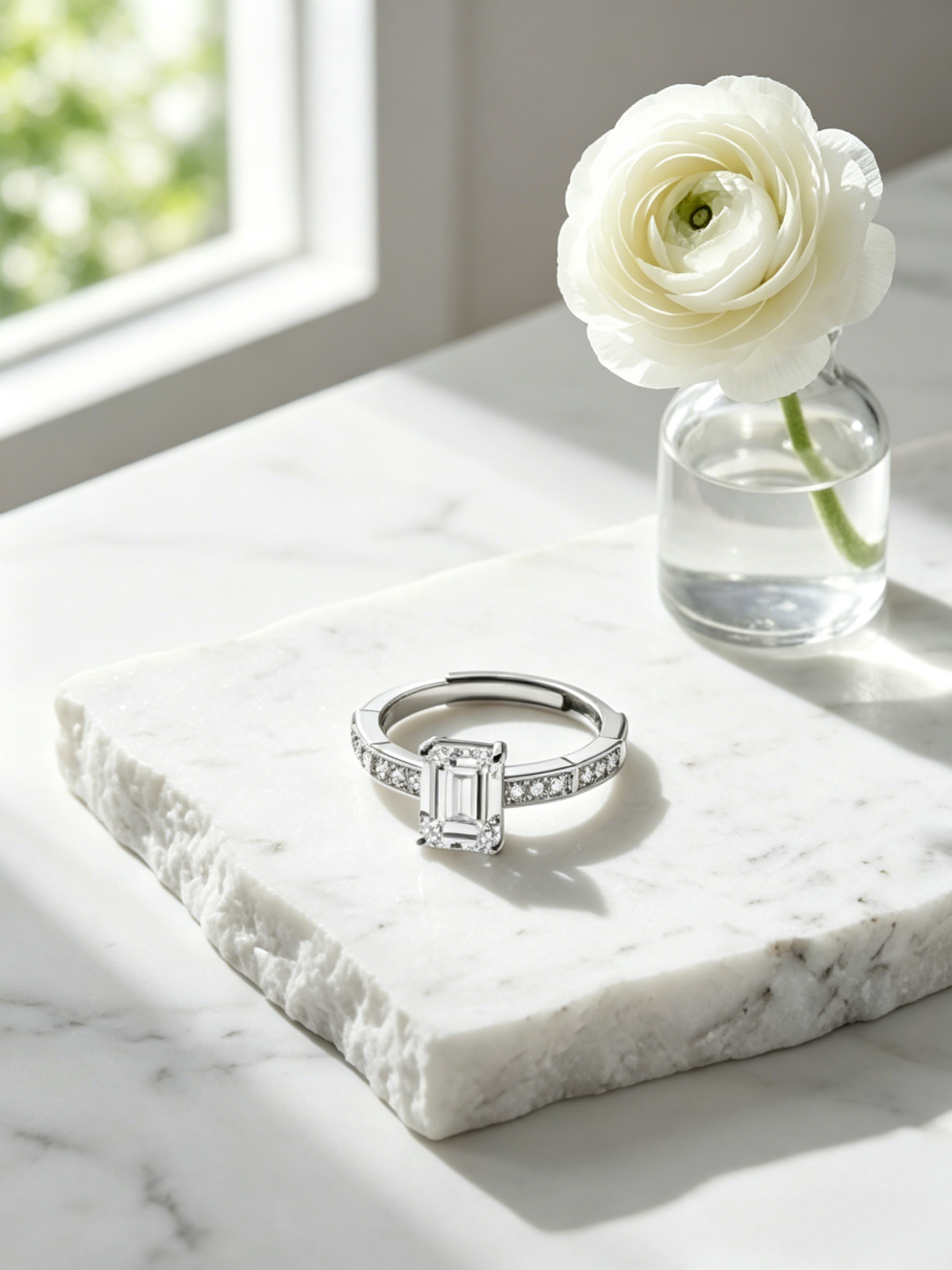 MSR.052 Romantic Carousel Solitaire | 5x7mm Emerald-Cut Moissanite with Geometric Accents | TARA AYARH LUNE