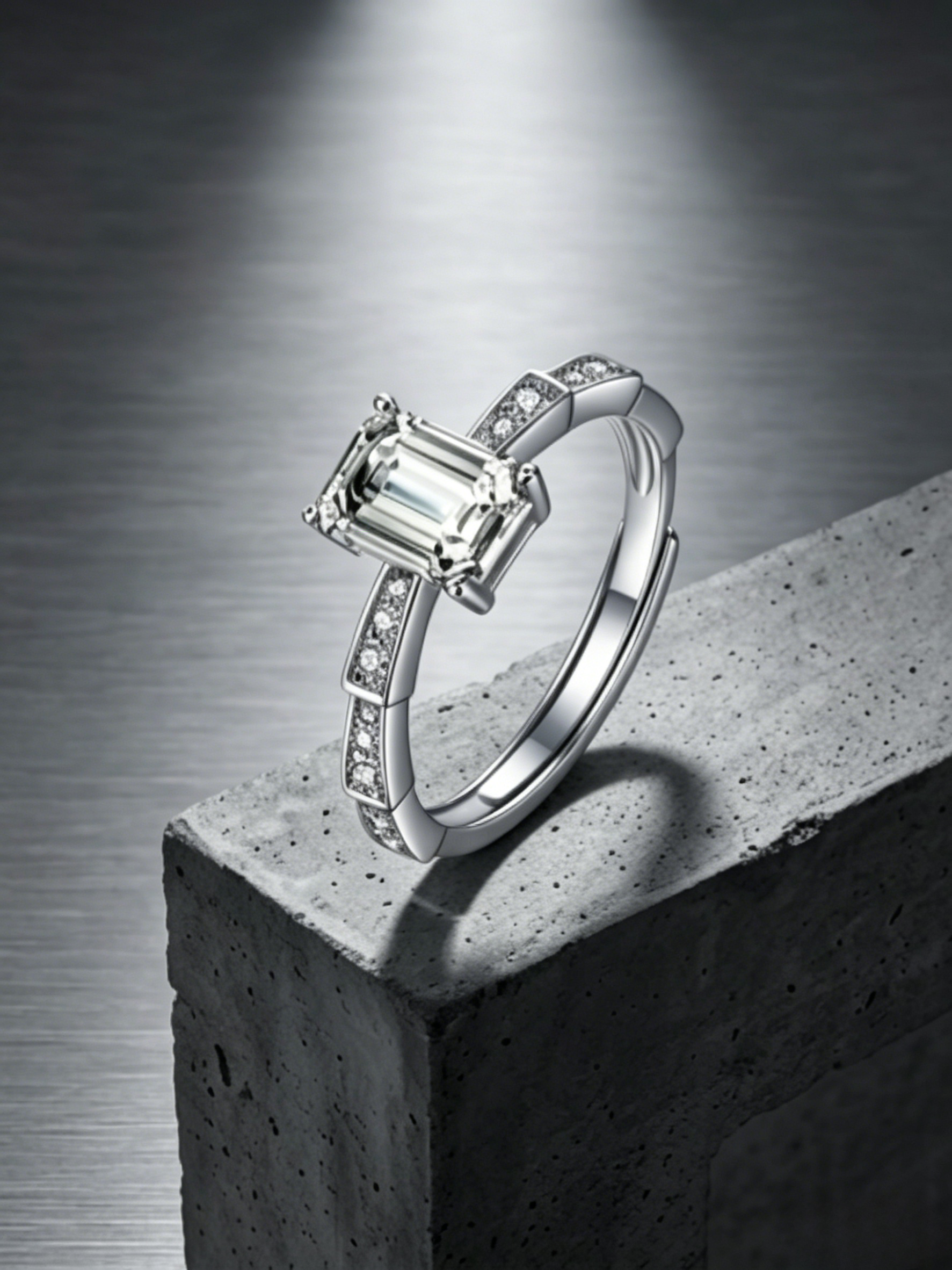 MSR.052 Romantic Carousel Solitaire | 5x7mm Emerald-Cut Moissanite with Geometric Accents | TARA AYARH LUNE