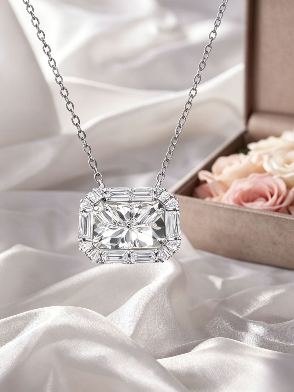 MSD.288|Engineered Radiance™ Pendant – 2CT Radiant Moissanite Halo Necklace with Baguette Accents