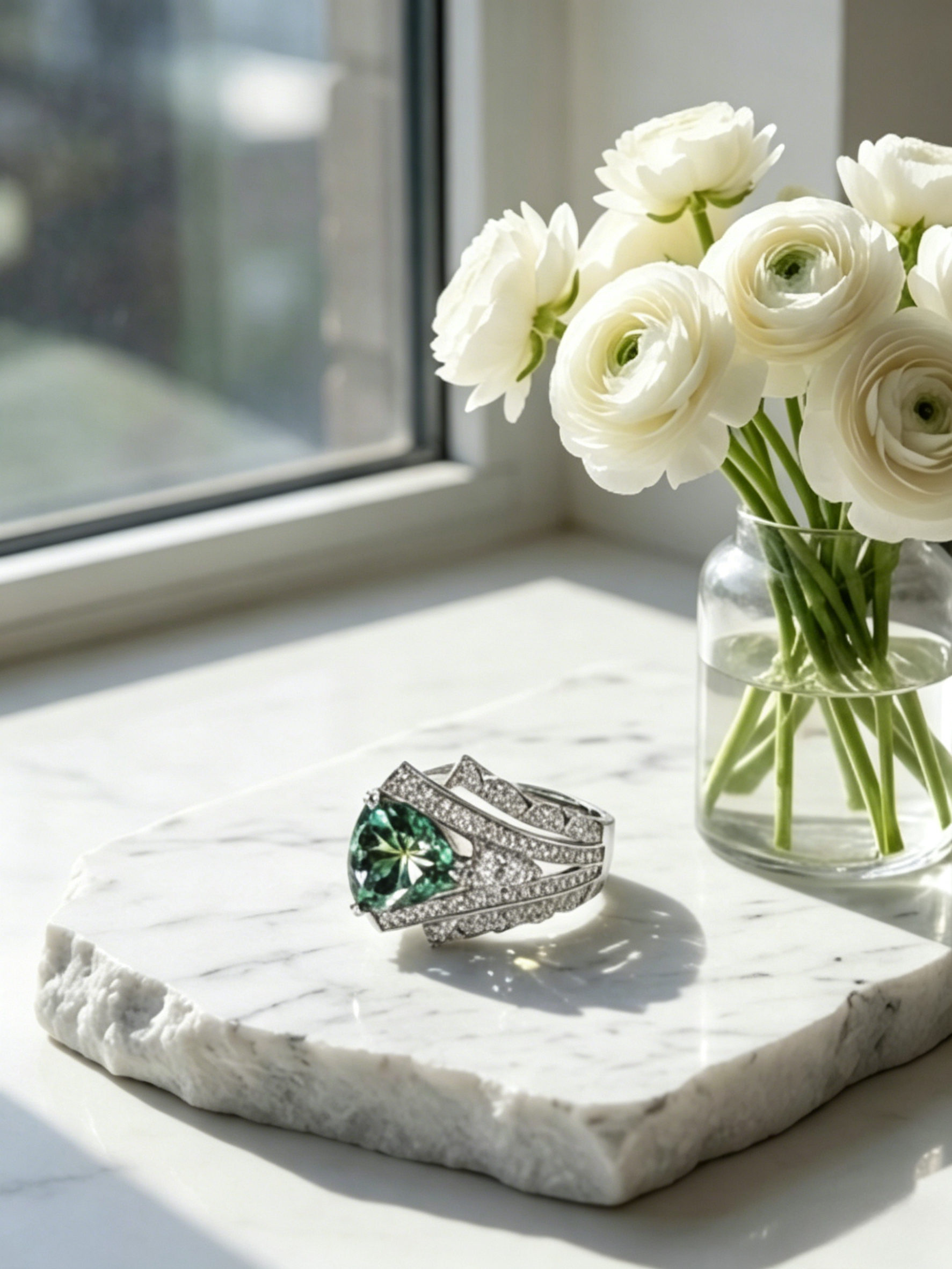 MSR.297 series | Geometric Trillion Blue & Green Moissanite Ring | Dual-Layer Pavé Masterpiece