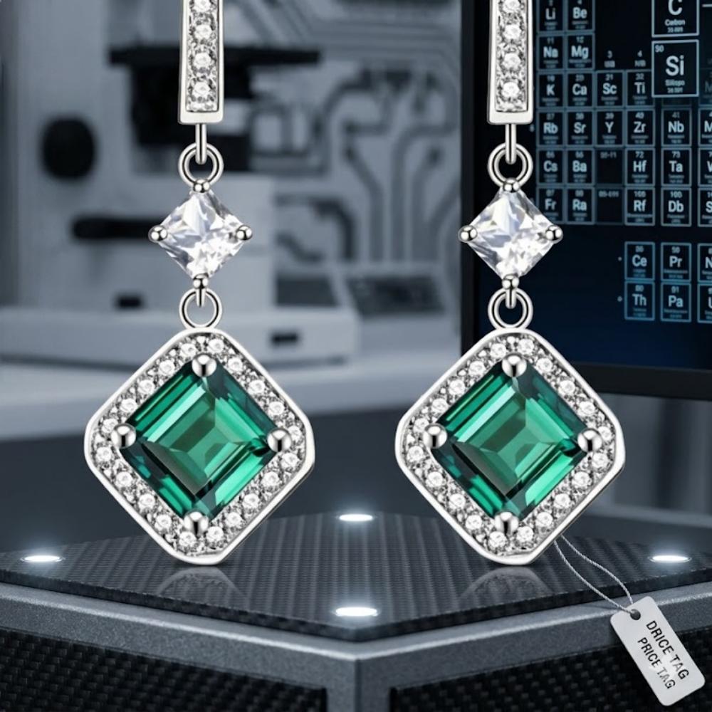 2ctw Emerald Cut Green Moissanite Drop Earrings | Verdant Empress Setting | TARA AYARH LUNE