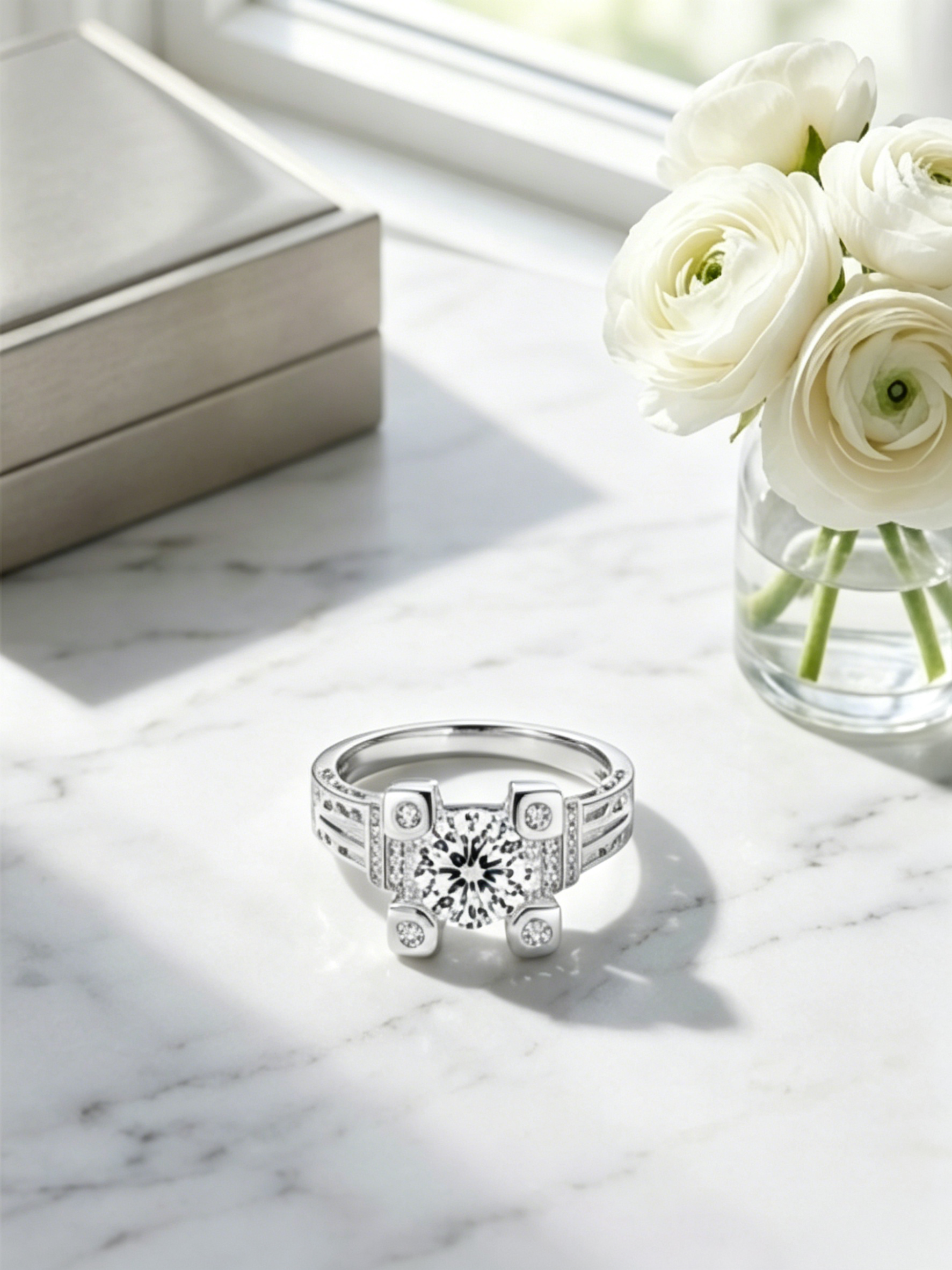 MSR.054 Modern Fortress Solitaire | 6.5mm Round Moissanite with Quad-Corner Pavé Frame | TARA AYARH LUNE