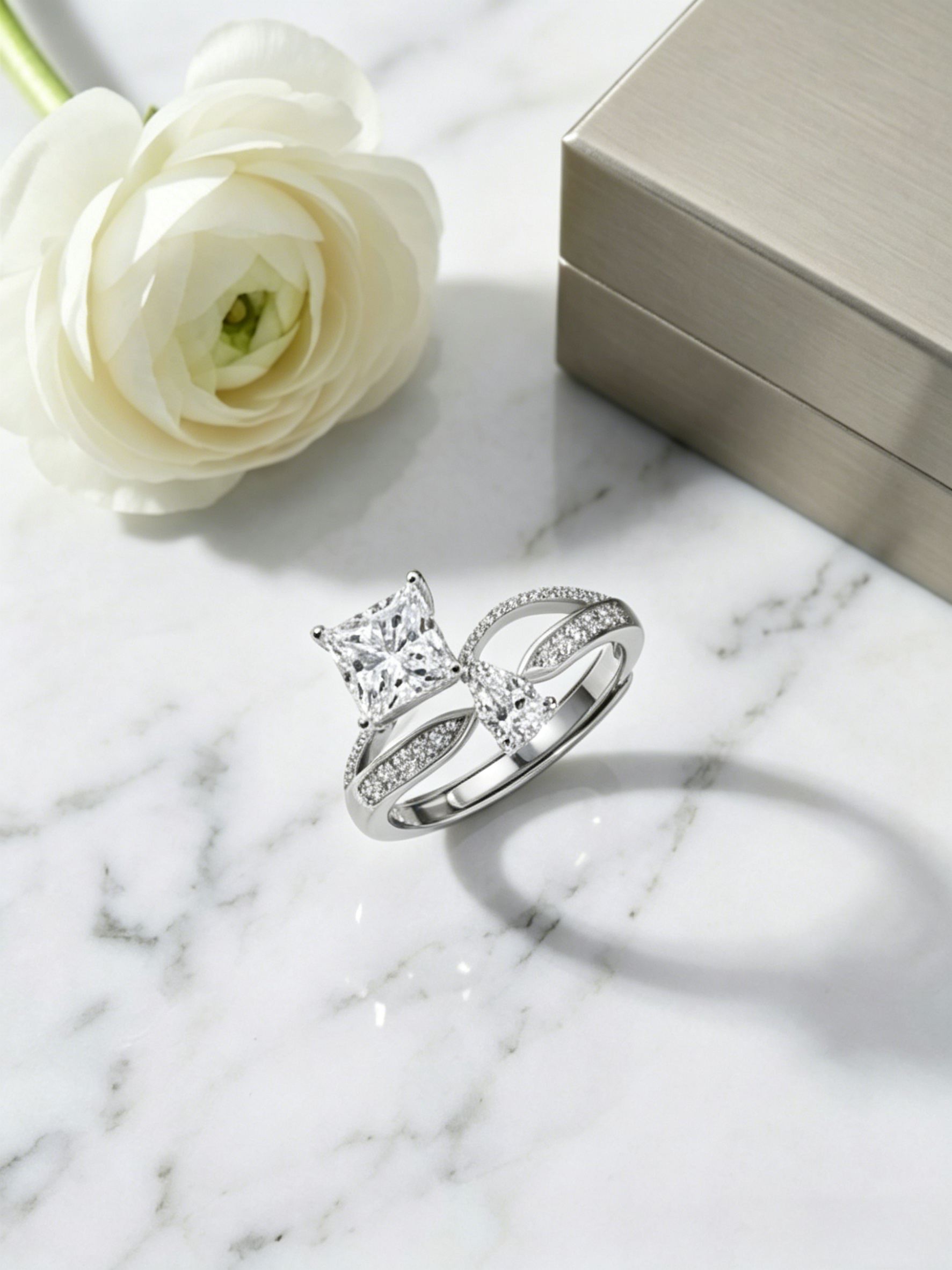 MSR.081 Asymmetrical Geometric Ring | 5.5mm Princess Moissanite with Pear-Cut Detail | TARA AYARH LUNE