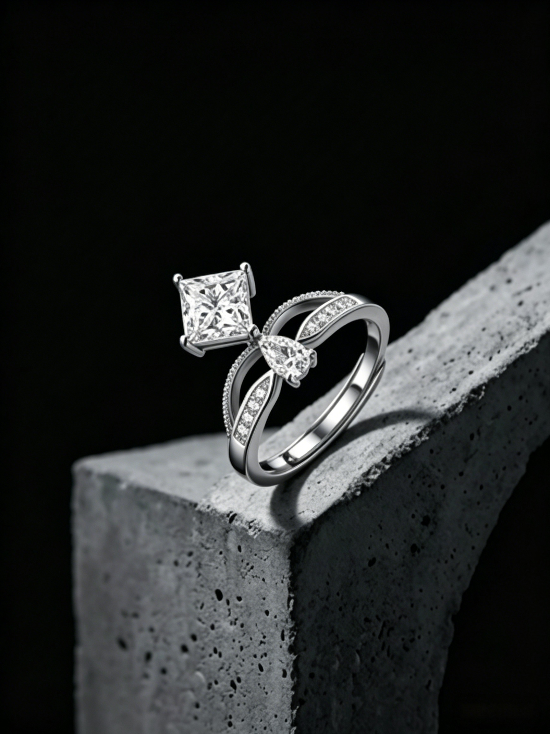 MSR.081 Asymmetrical Geometric Ring | 5.5mm Princess Moissanite with Pear-Cut Detail | TARA AYARH LUNE