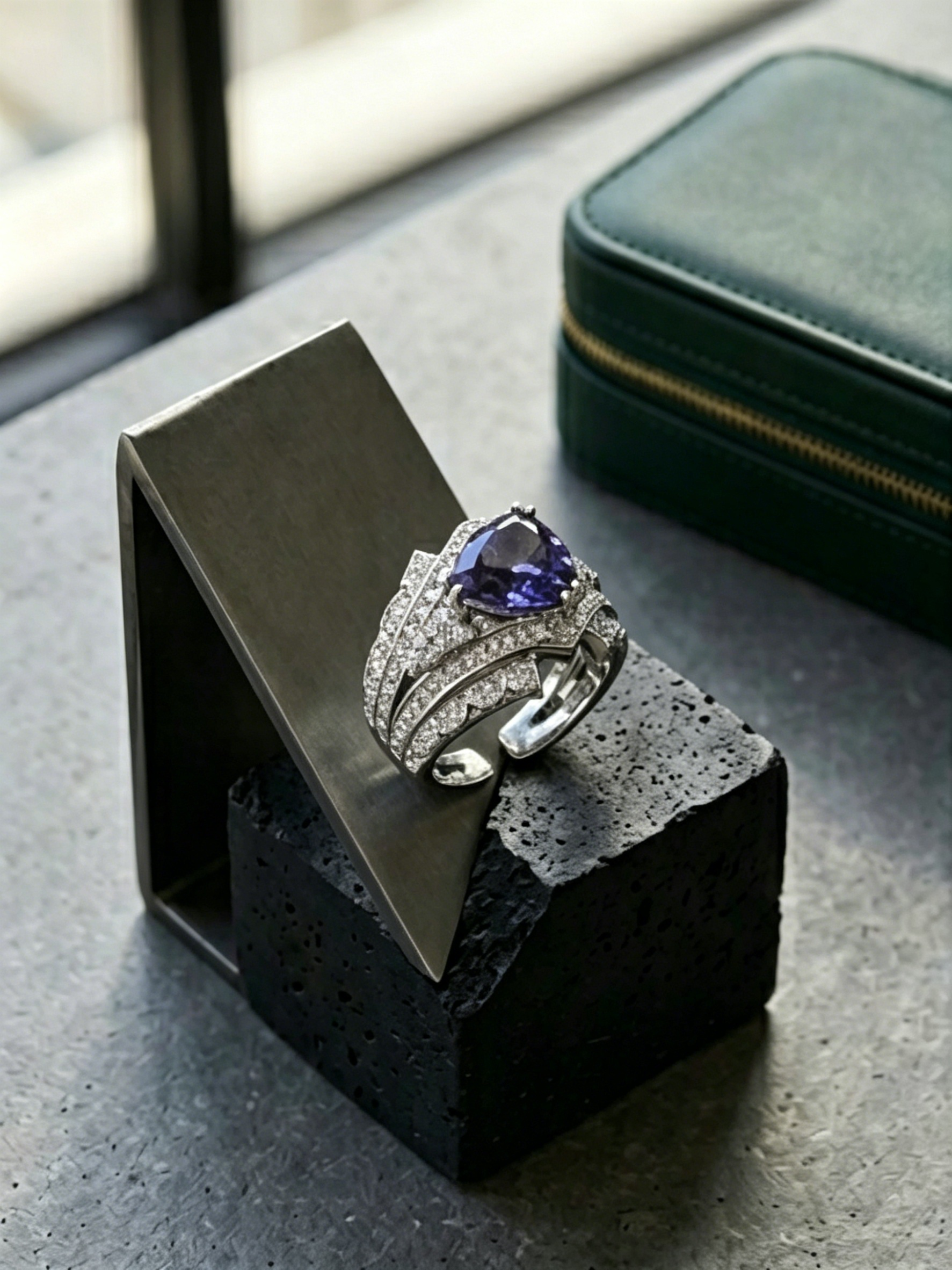 MSR.297 series | Geometric Trillion Blue & Green Moissanite Ring | Dual-Layer Pavé Masterpiece