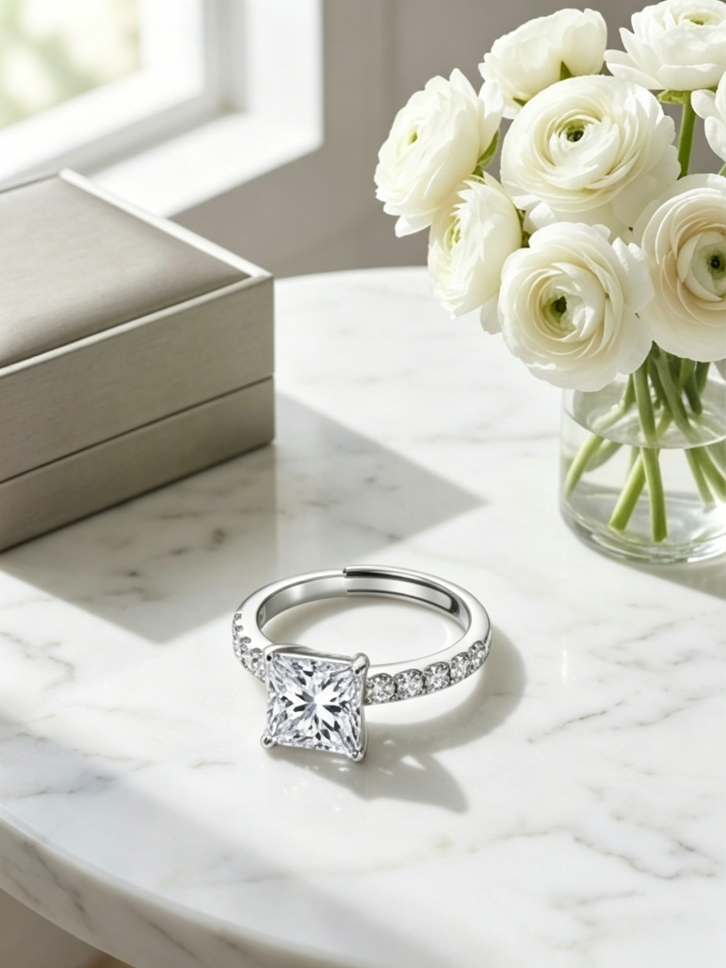 MSR.203 Modern Princess Solitaire | 5.5mm Moissanite with Shared-Prong Pavé Accents | TARA AYARH LUNE