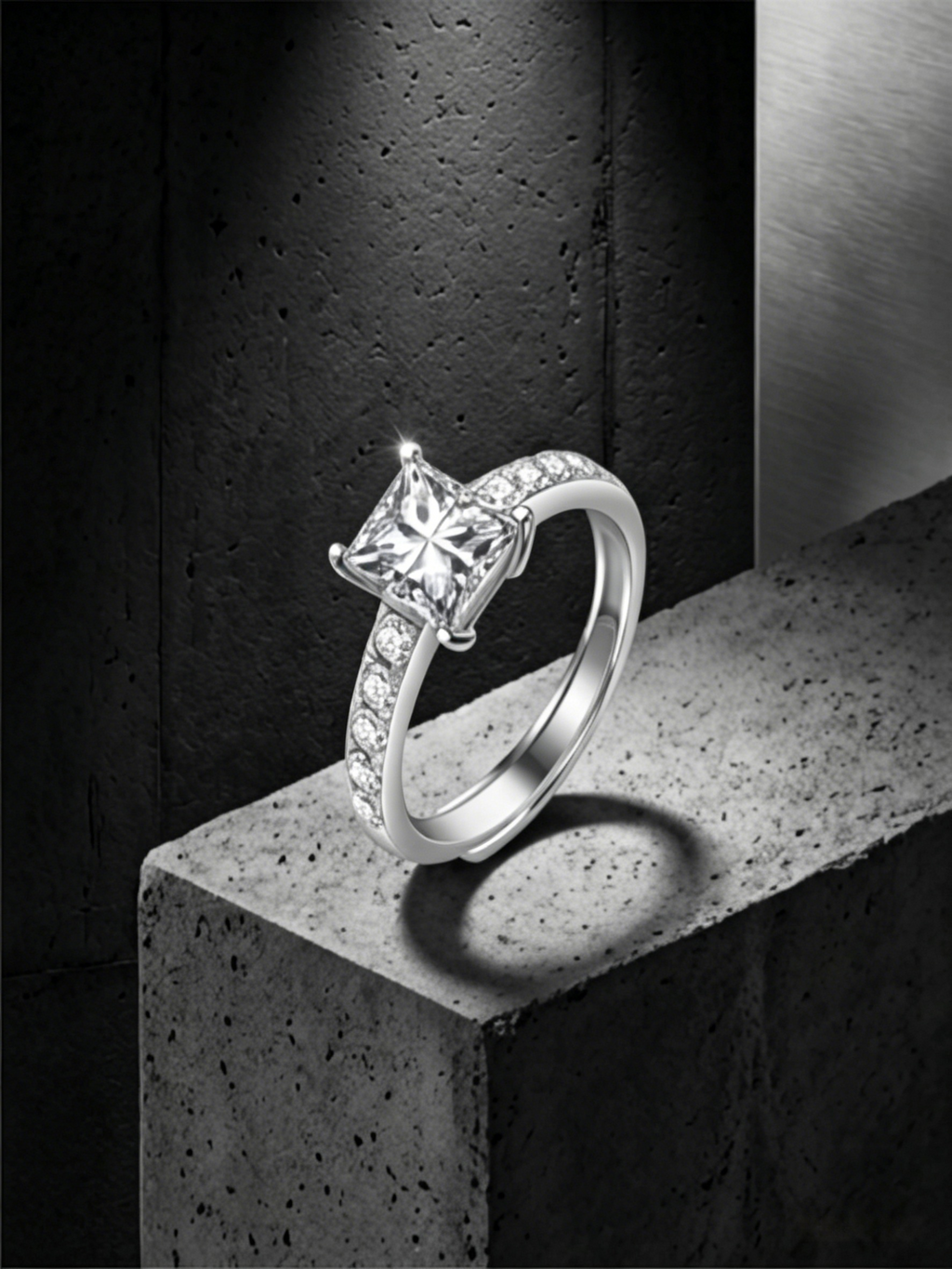 MSR.203 Modern Princess Solitaire | 5.5mm Moissanite with Shared-Prong Pavé Accents | TARA AYARH LUNE