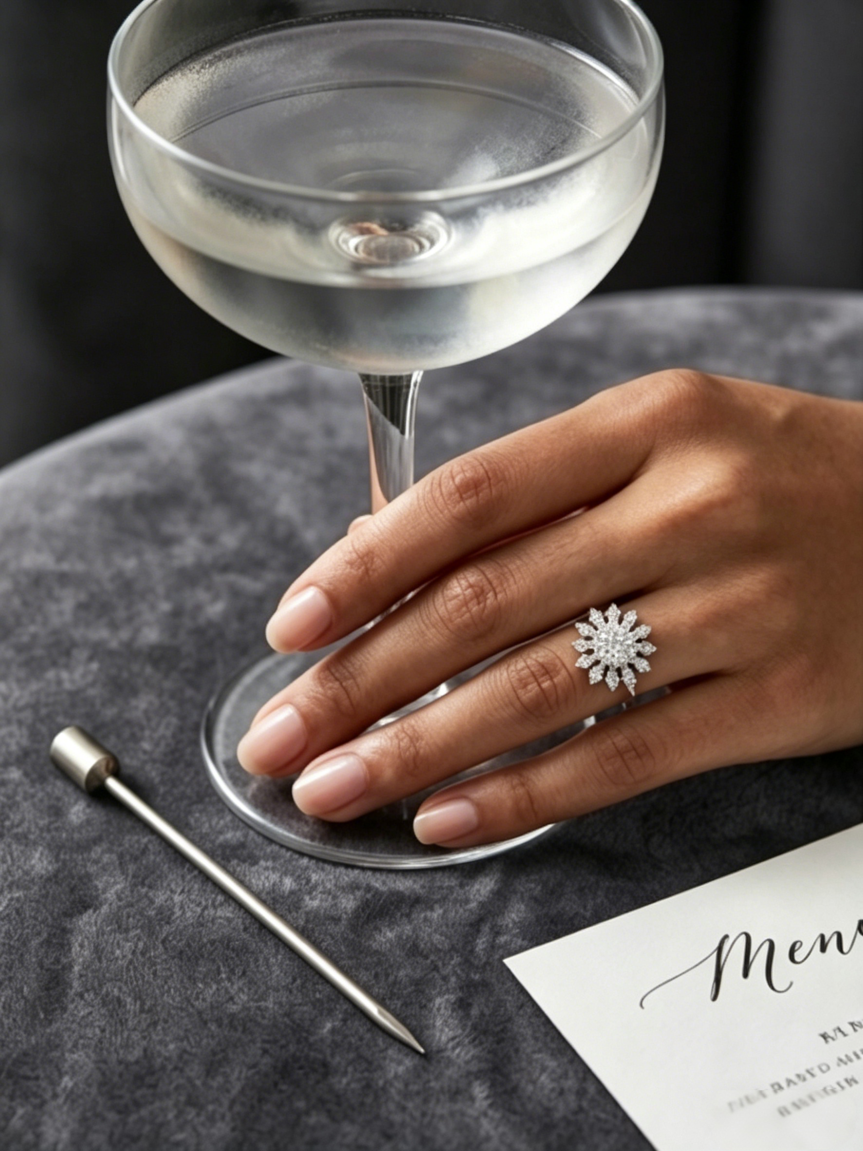 MSR.219 Dream of First Snow | 6.5mm Round Moissanite Statement Ring with Starburst Accents | TARA AYARH LUNE