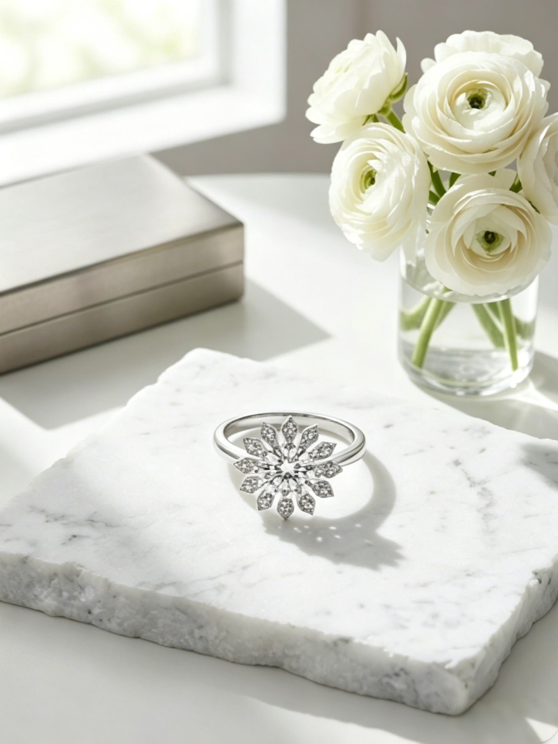 MSR.219 Dream of First Snow | 6.5mm Round Moissanite Statement Ring with Starburst Accents | TARA AYARH LUNE