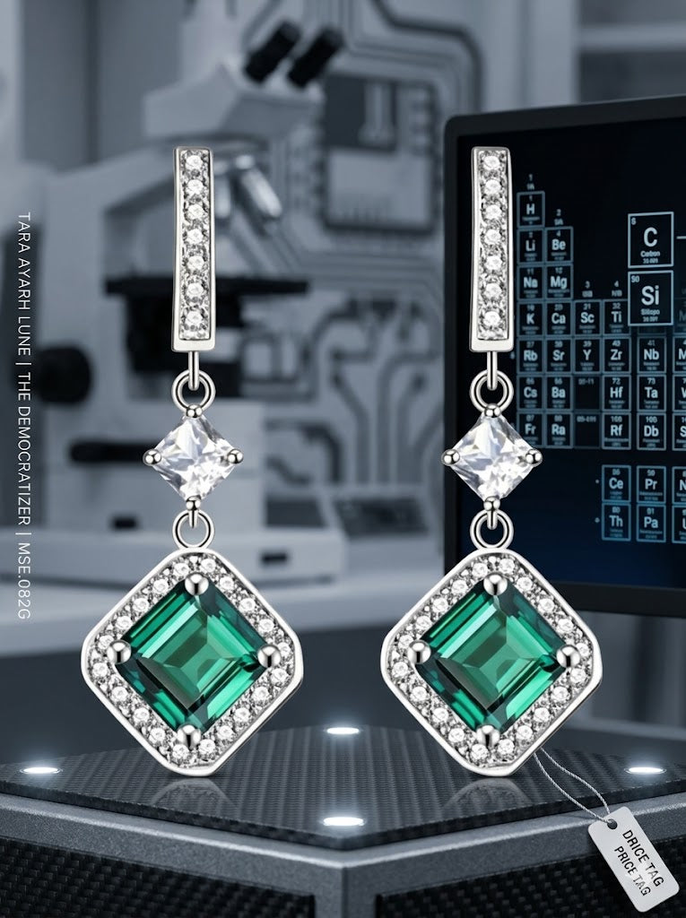 MSE.081G TARA AYARH LUNE "The Verdant Empress" | 2.0ctw Emerald-Cut Green Moissanite Drop Earrings in S925 Sterling Silver
