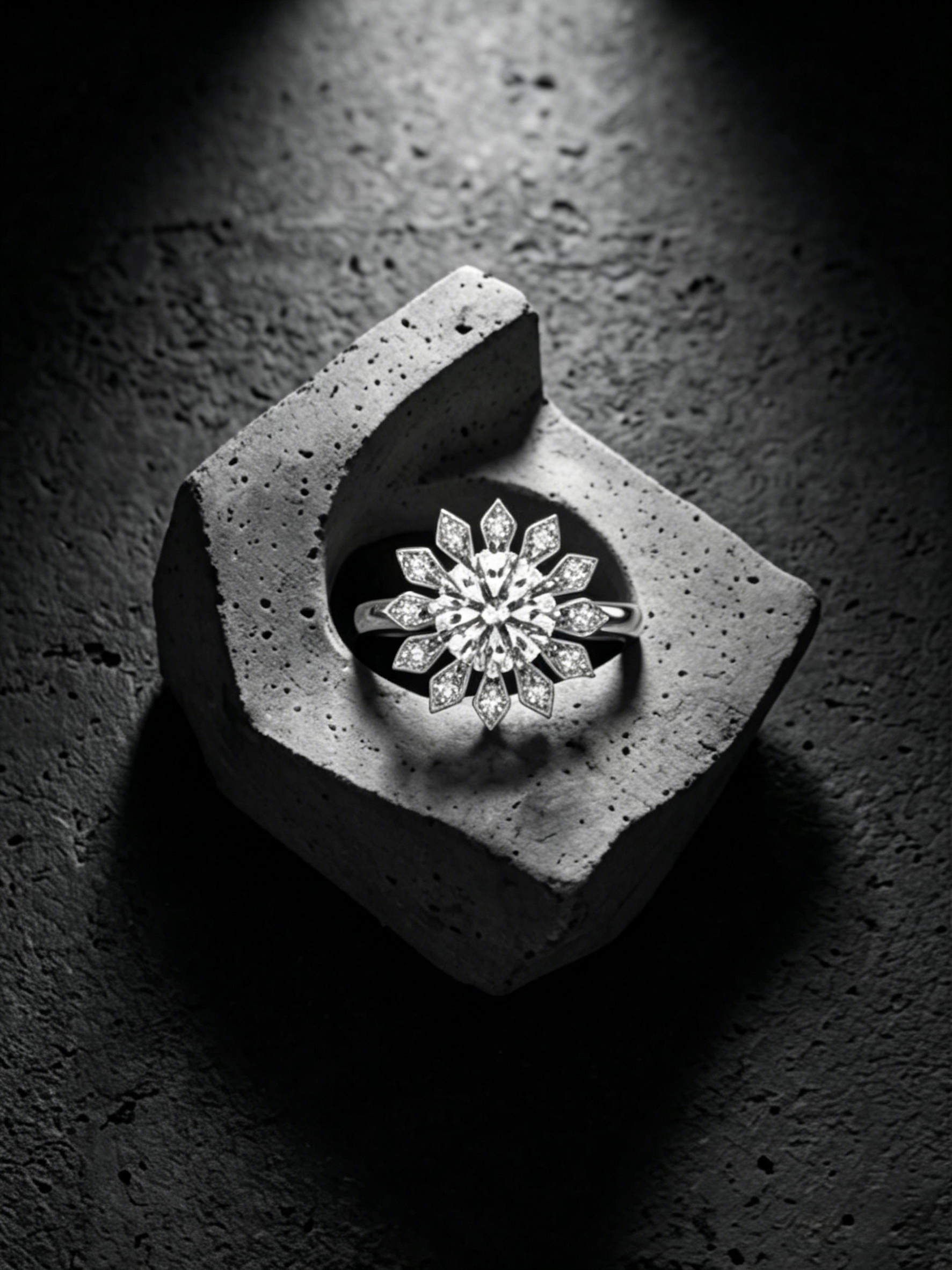 MSR.219 Dream of First Snow | 6.5mm Round Moissanite Statement Ring with Starburst Accents | TARA AYARH LUNE