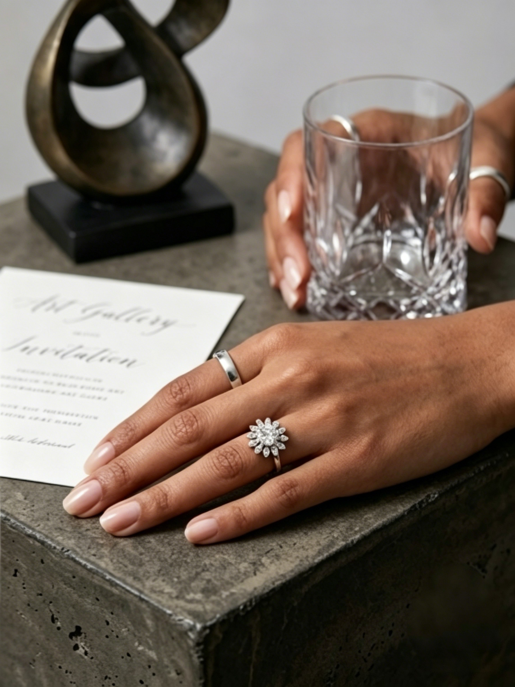 MSR.219 Dream of First Snow | 6.5mm Round Moissanite Statement Ring with Starburst Accents | TARA AYARH LUNE