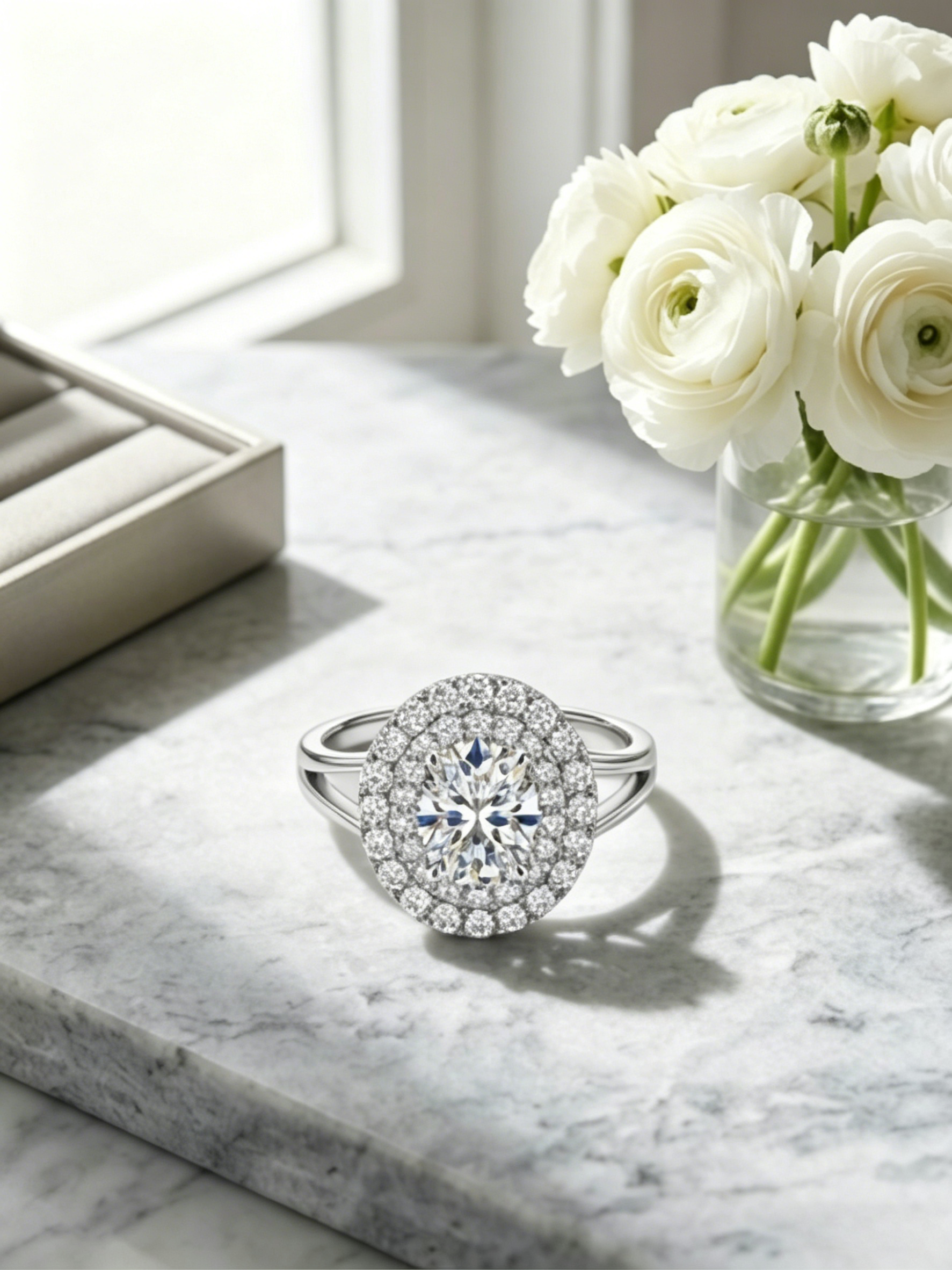 MSR.306 Majestic Oval Statement Ring | 5x7mm Moissanite with Double Micropavé Halo | TARA AYARH LUNE