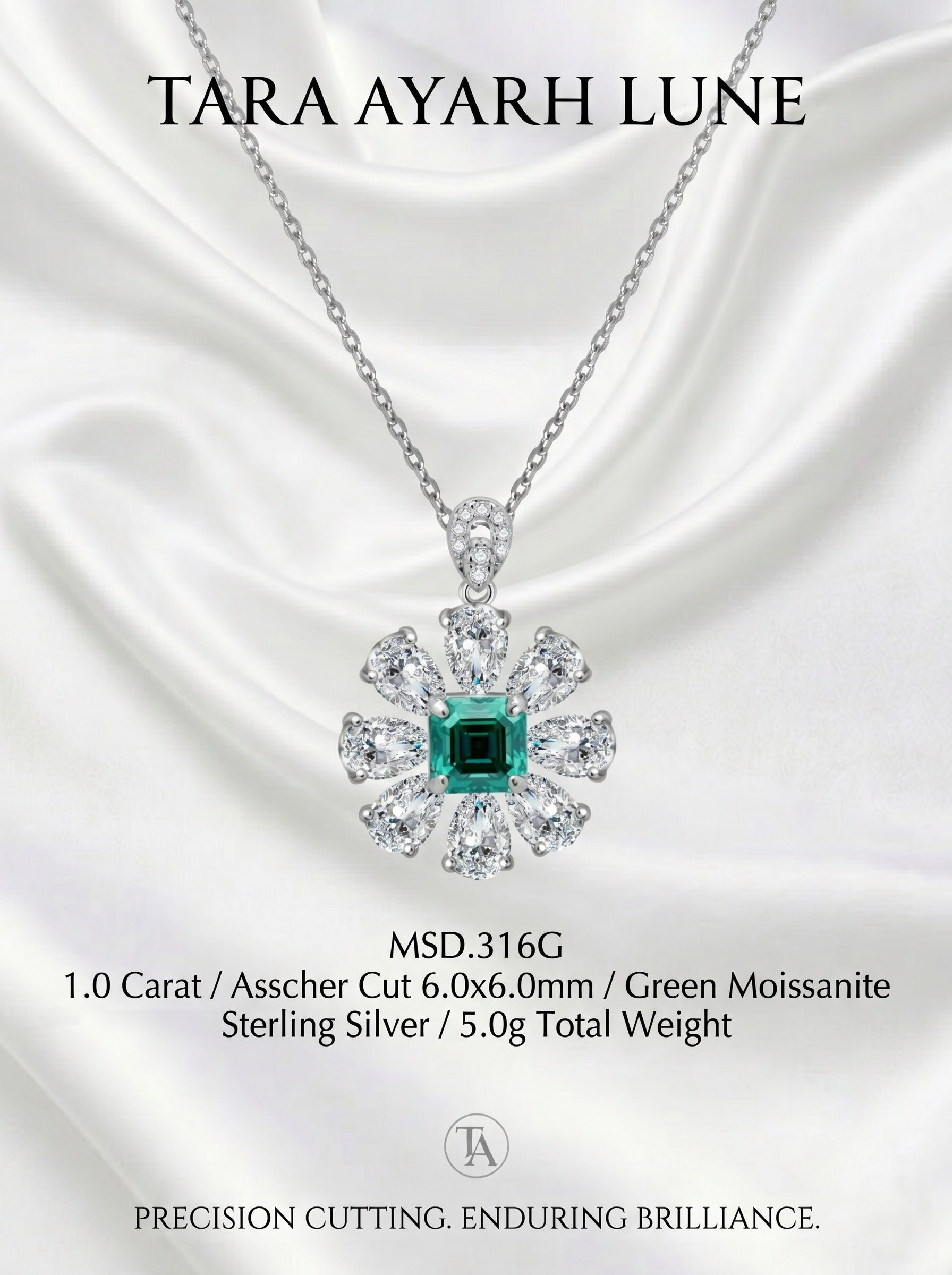 MSD.316G | "Sunward Blossom" 1-Carat Asscher-Cut Green Moissanite Pear-Shaped Halo Pendant Necklace
