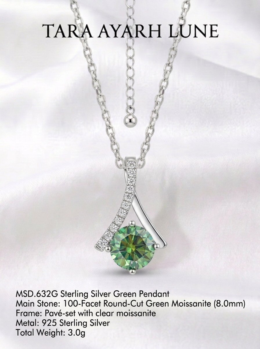 TARA AYARH LUNE | "The Element of Air" Fluorescent Wings Green Moissanite Pendant Necklace (MSD.632G)