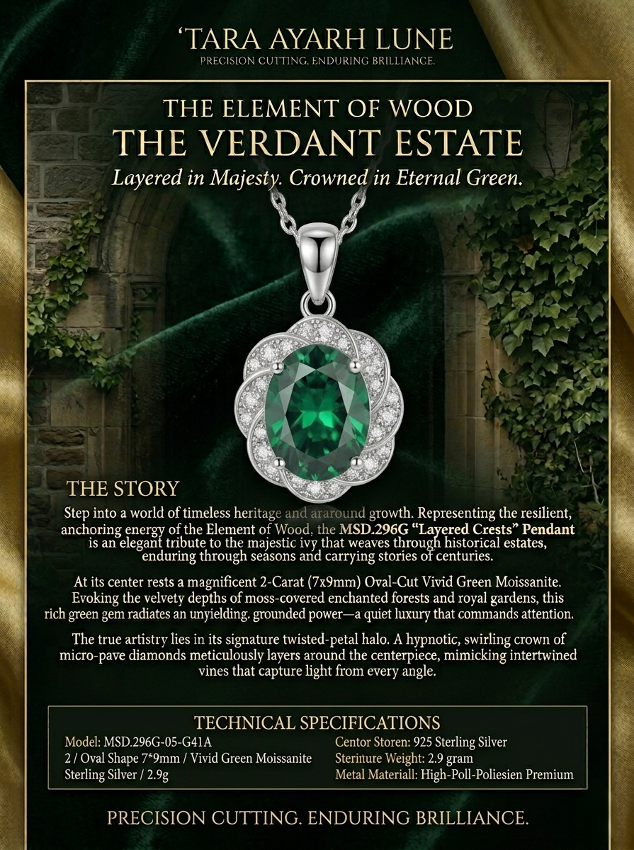 MSD.296G | "Verdant Estate" 2-Carat Oval-Cut Green Moissanite Twisted Halo Pendant Necklace