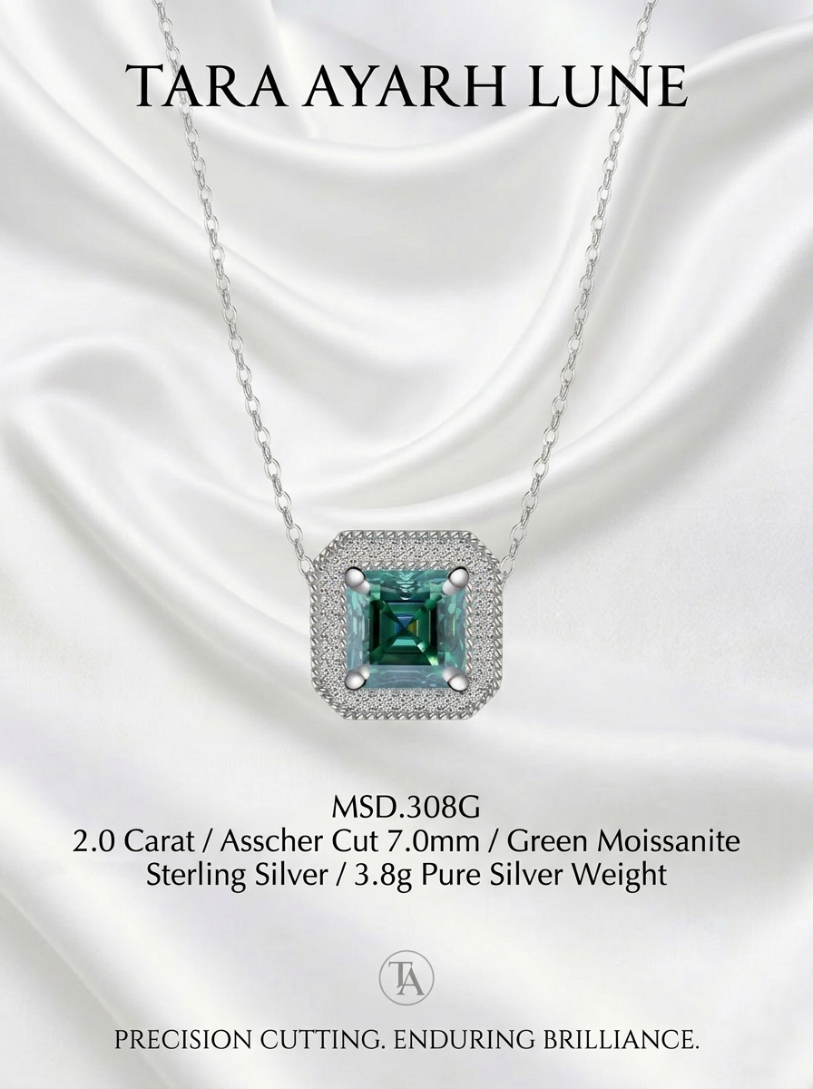 MSD.308G | "Geometric Labyrinth" 2-Carat Asscher-Cut Green Moissanite Milgrain Rivet Pendant