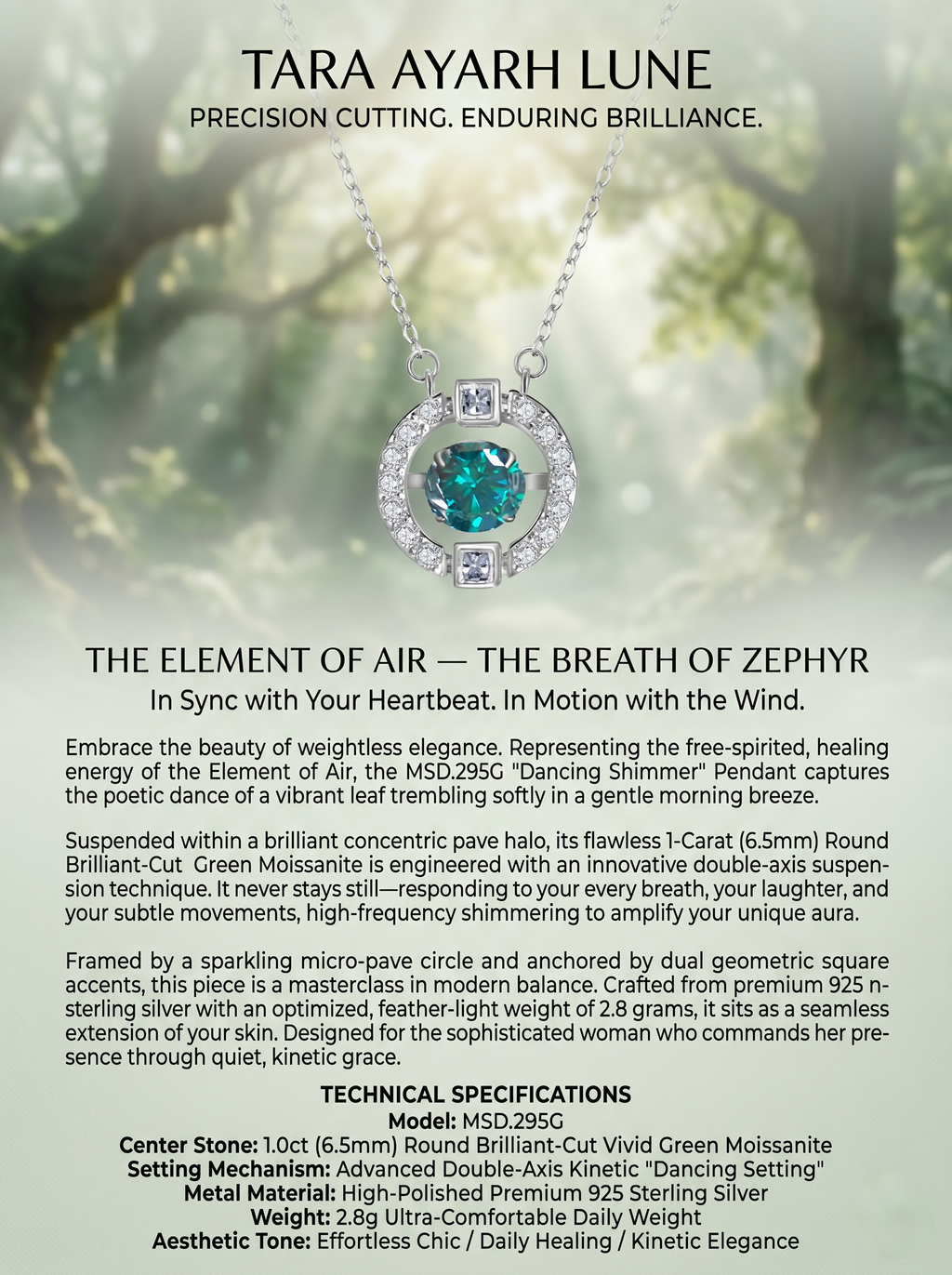 MSD.295G | "Zephyr Breath" 1-Carat Kinetic "Dancing" Round Brilliant Green Moissanite Pendant