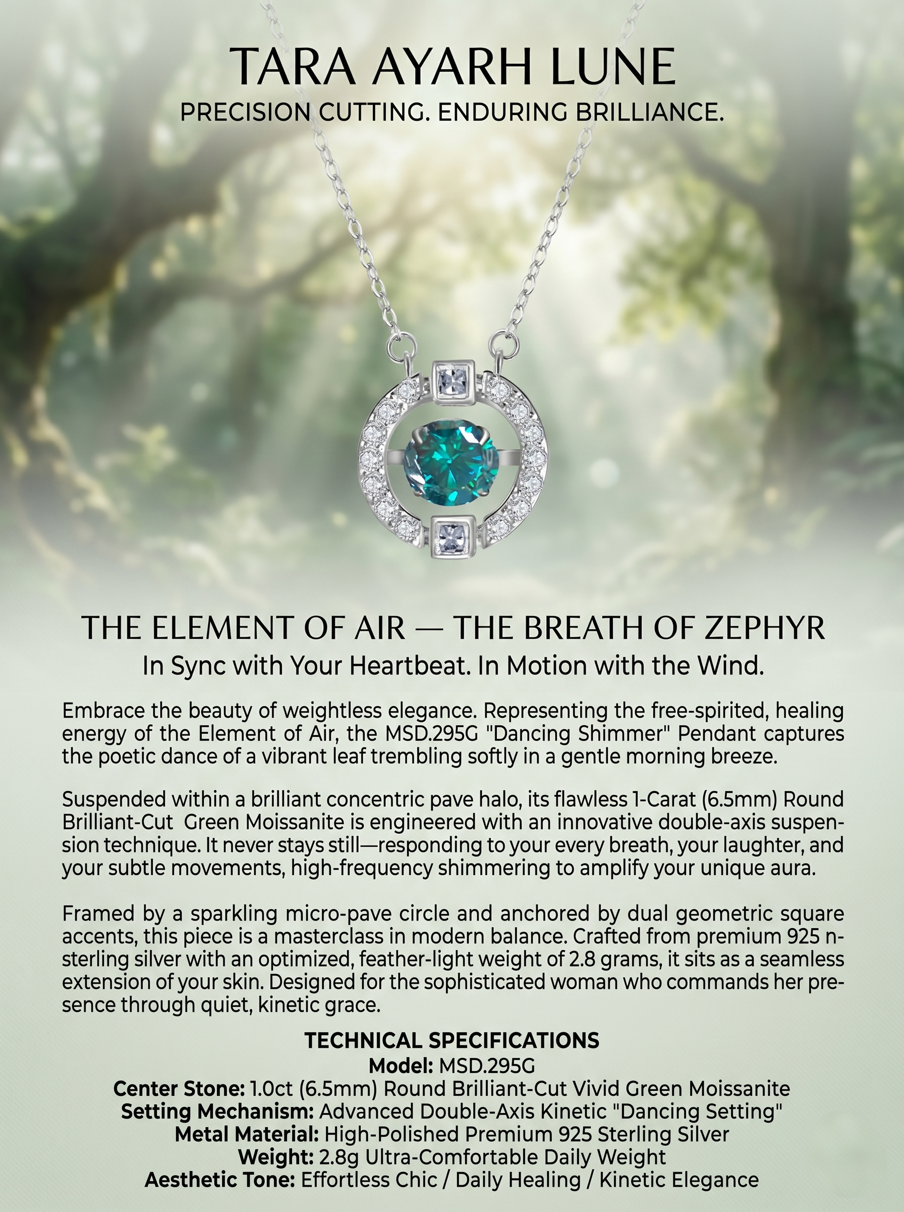 MSD.295G | "Zephyr Breath" 1-Carat Kinetic "Dancing" Round Brilliant Green Moissanite Pendant