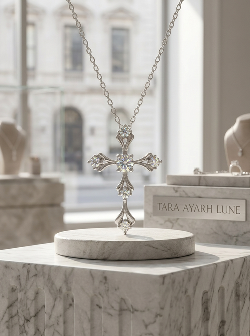 MSD.015 | The "Celestial Cross" Pendant: Multi-Point Lab-Grown Moissanite in a Structural Lattice Setting