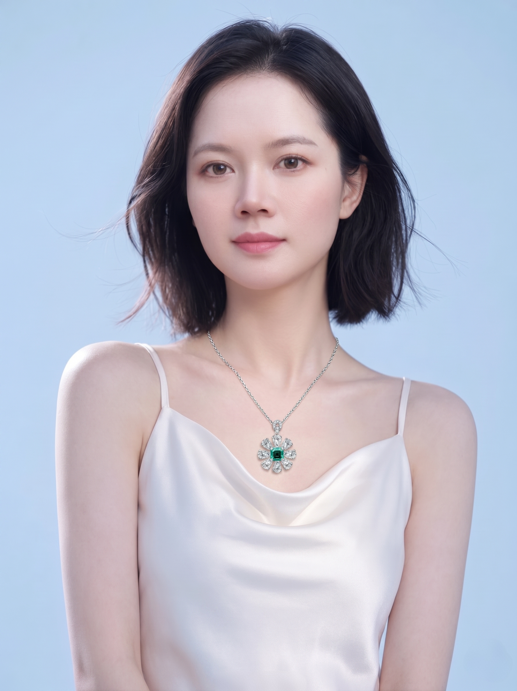 MSD.316G | "Sunward Blossom" 1-Carat Asscher-Cut Green Moissanite Pear-Shaped Halo Pendant Necklace