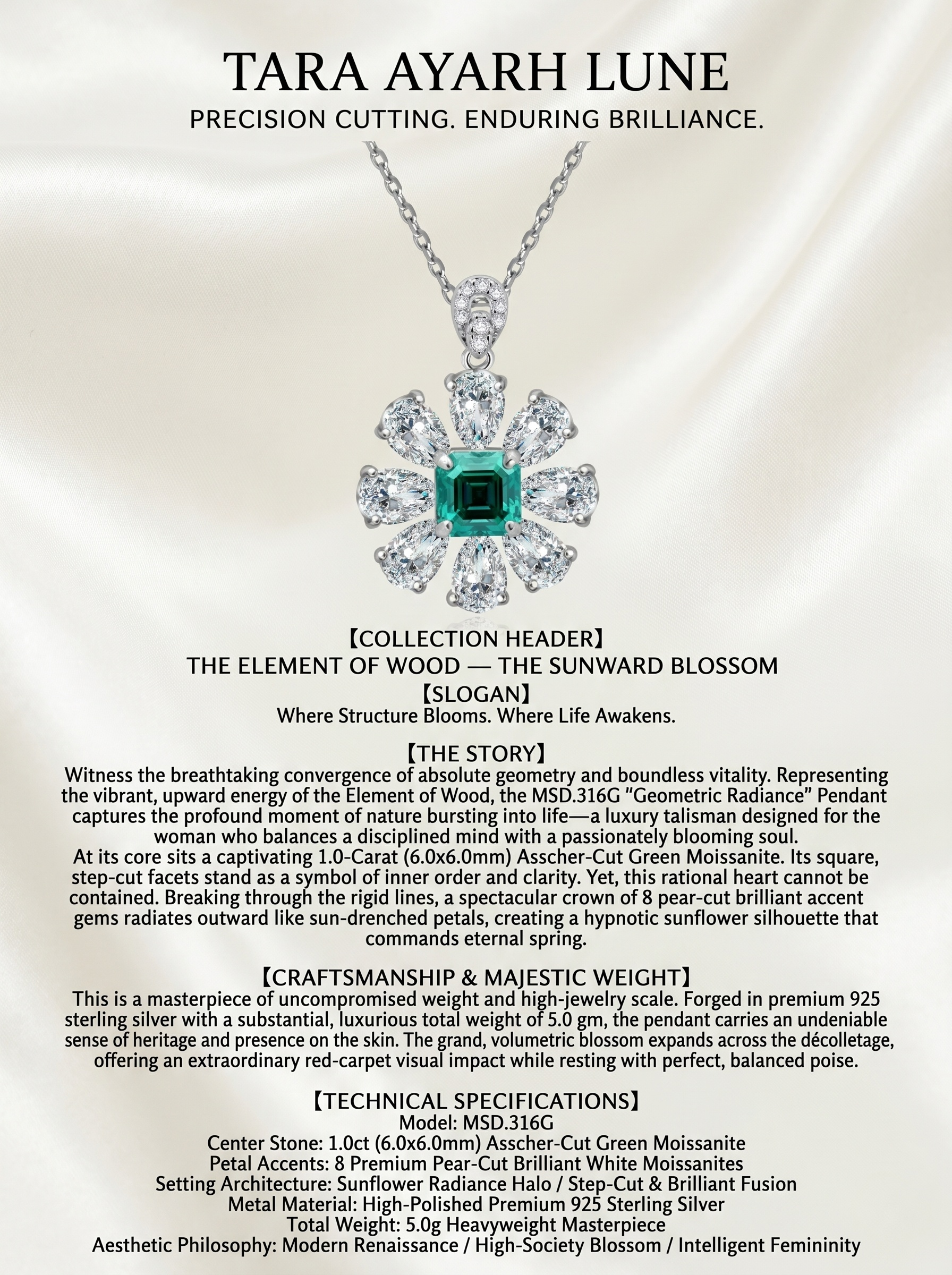 MSD.316G | "Sunward Blossom" 1-Carat Asscher-Cut Green Moissanite Pear-Shaped Halo Pendant Necklace