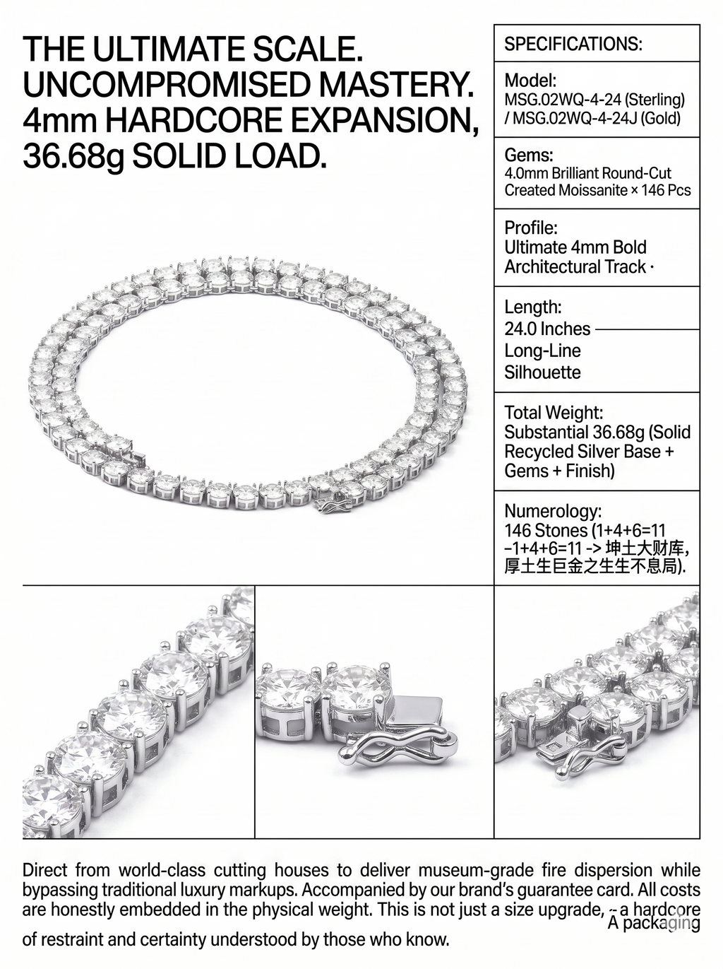 (MSG.02WQ-4 Series)The Empire Circuit 4mm Bold Moissanite 24-Inch Tennis Chain