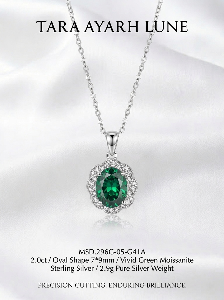 MSD.296G | "Verdant Estate" 2-Carat Oval-Cut Green Moissanite Twisted Halo Pendant Necklace