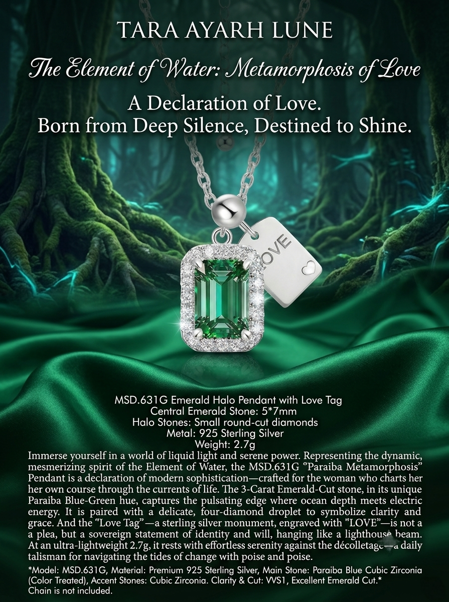 MSD.631G | "Forest Love-Tag" Emerald-Cut Green Gemstone Halo Pendant Necklace with Engraved Silver Identity Plaque