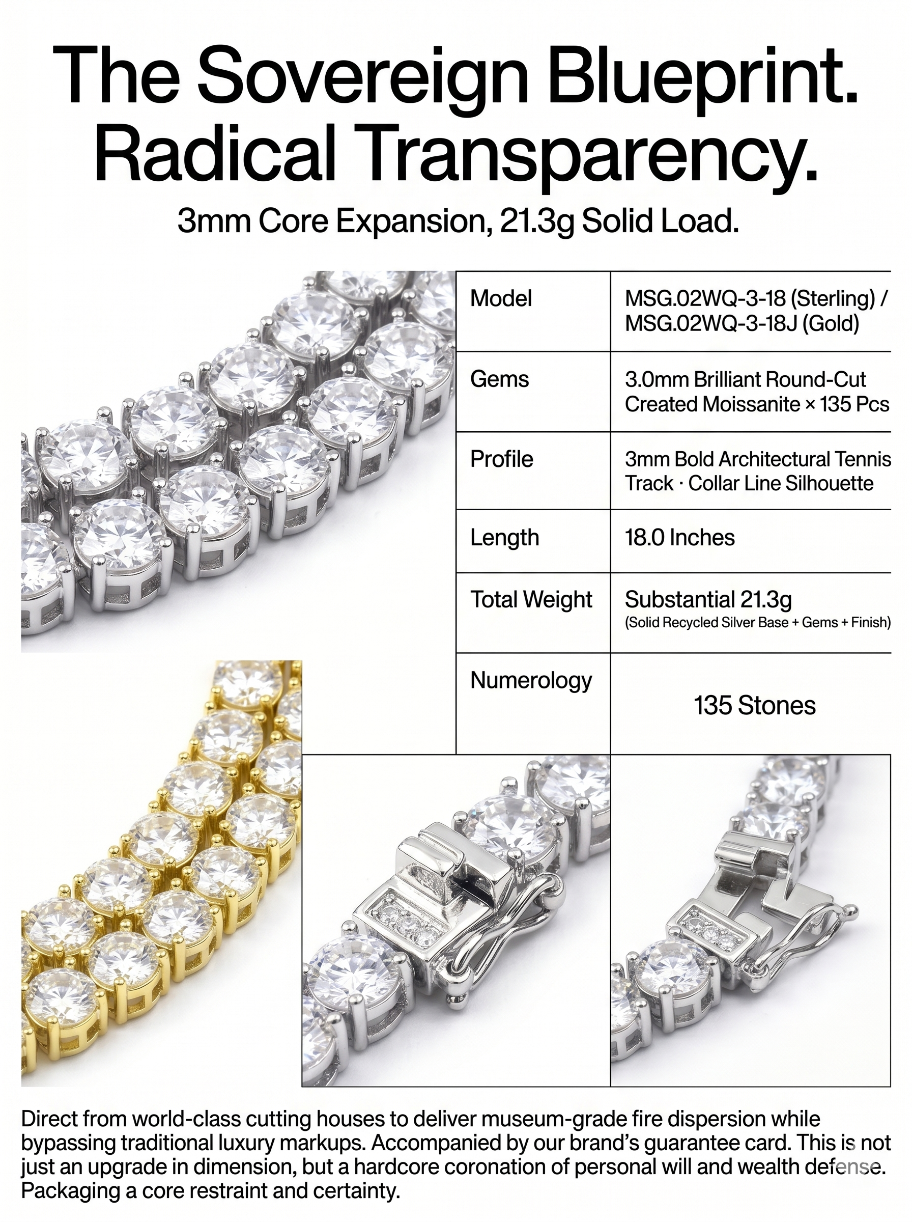(MSG.02WQ-3 Series) The Sovereign Oracle 3mm Bold Moissanite Tennis Chain