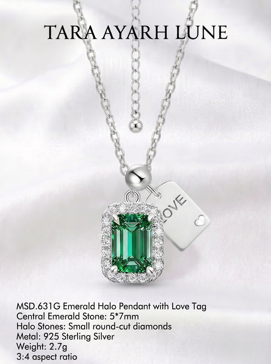 MSD.631G | "Forest Love-Tag" Emerald-Cut Green Gemstone Halo Pendant Necklace with Engraved Silver Identity Plaque