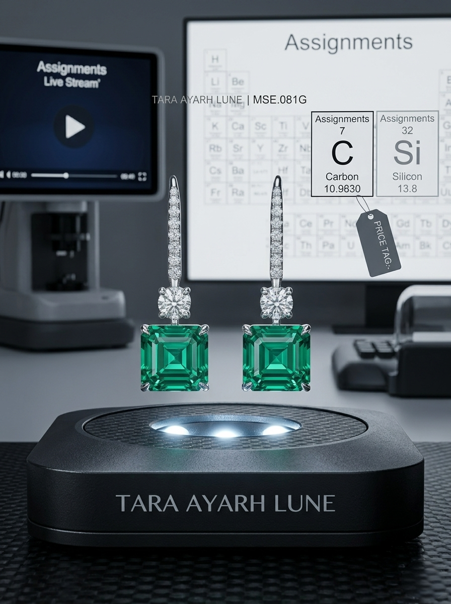 MSE.081G TARA AYARH LUNE "The Verdant Empress" | 2.0ctw Emerald-Cut Green Moissanite Drop Earrings in S925 Sterling Silver