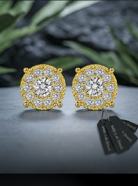 MSE.335J TARA AYARH LUNE | 1.0ctw Double-Layer "Cake" Moissanite Stud Earrings in 18K Gold Finish | Pave-Set Sunburst Medallions