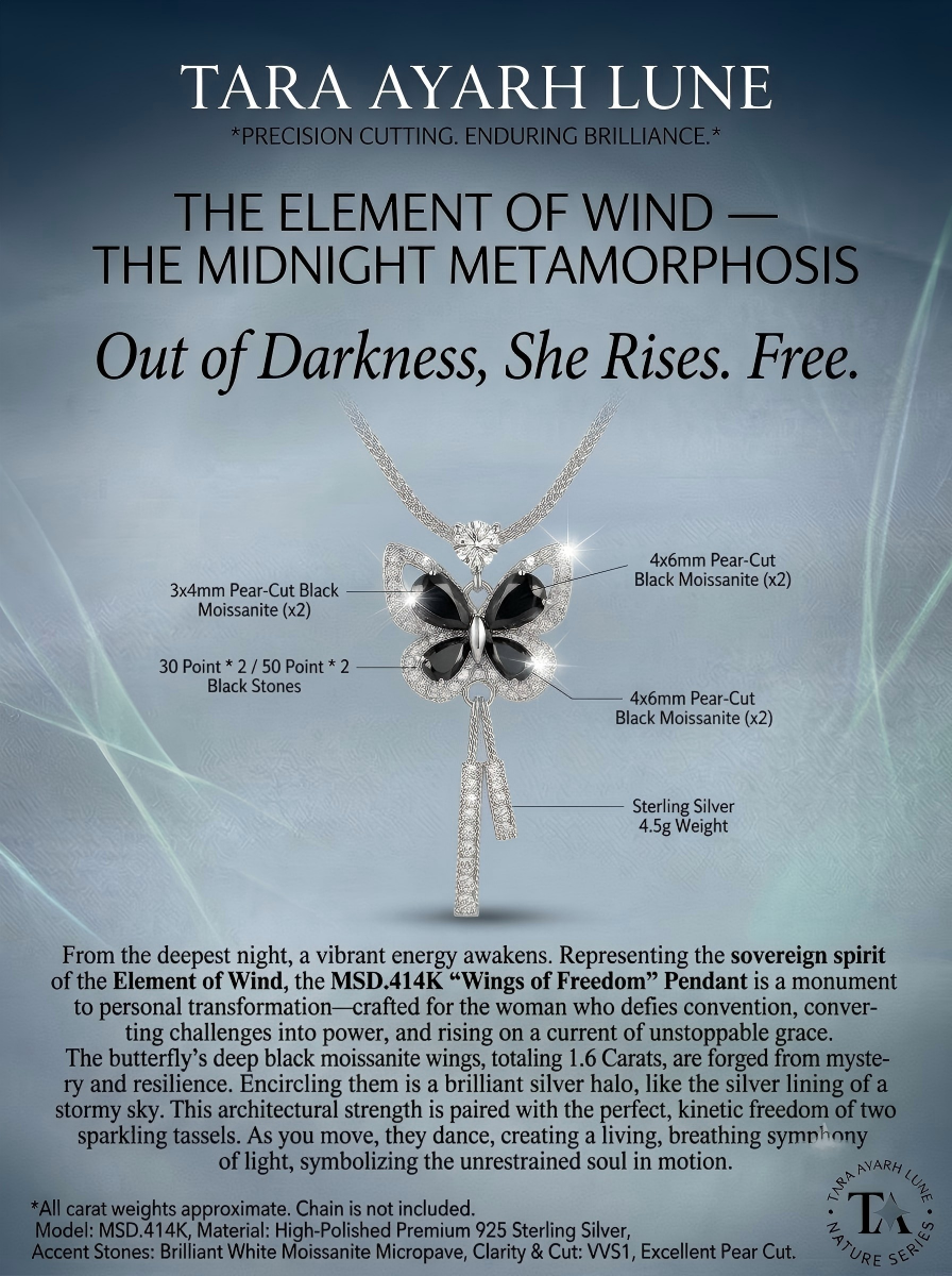 MSD.414K | "Wings of Freedom" Pear-Cut Black Moissanite Butterfly Tassel Pendant Necklace