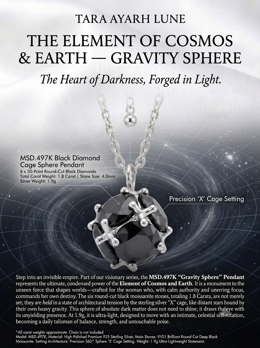 MSD.497K | "Gravity Sphere" 3D Cage Hollow Round-Cut Black Moissanite Geometric Pendant Necklace