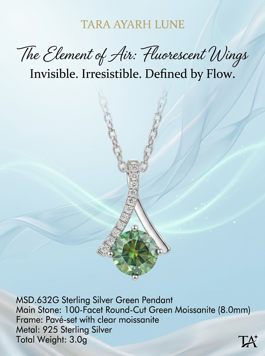 TARA AYARH LUNE | "The Element of Air" Fluorescent Wings Green Moissanite Pendant Necklace (MSD.632G)