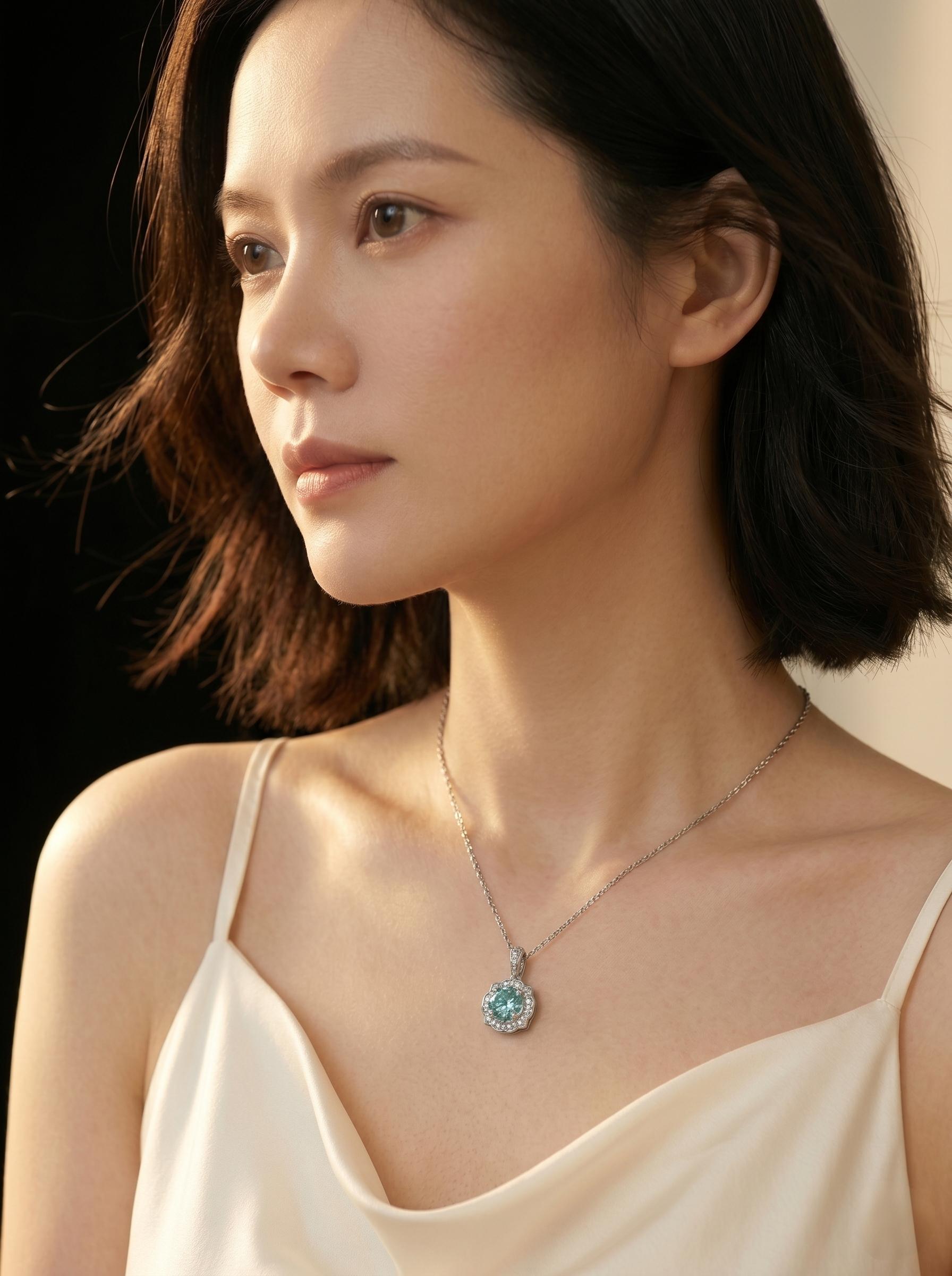 MSD.023CY Moissanite Cluster Pendant Necklace – 1CT Mint Green Solitaire in Sterling Silver