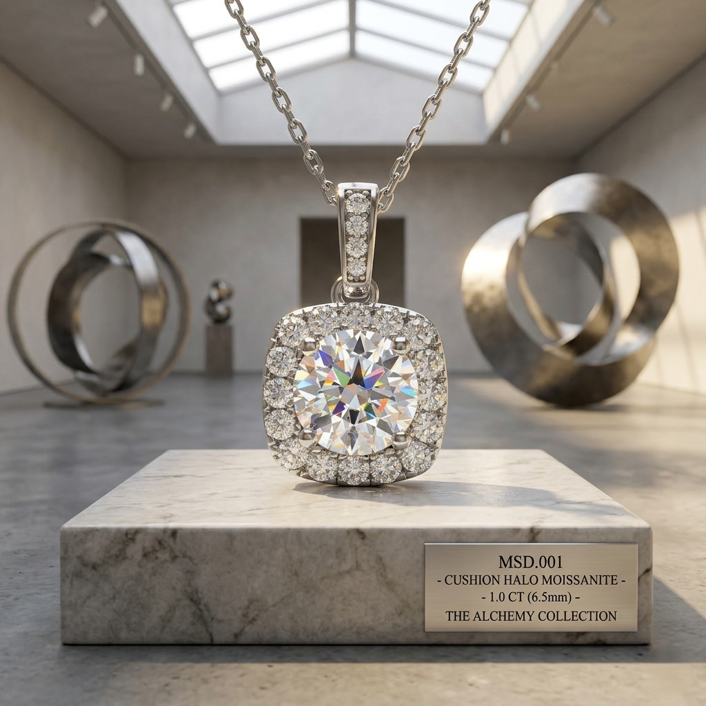 MSD.001 | The Carbon Lab Series: 1.0ct Sustainable Moissanite Halo Pendant in Rhodium-Finished Silver
