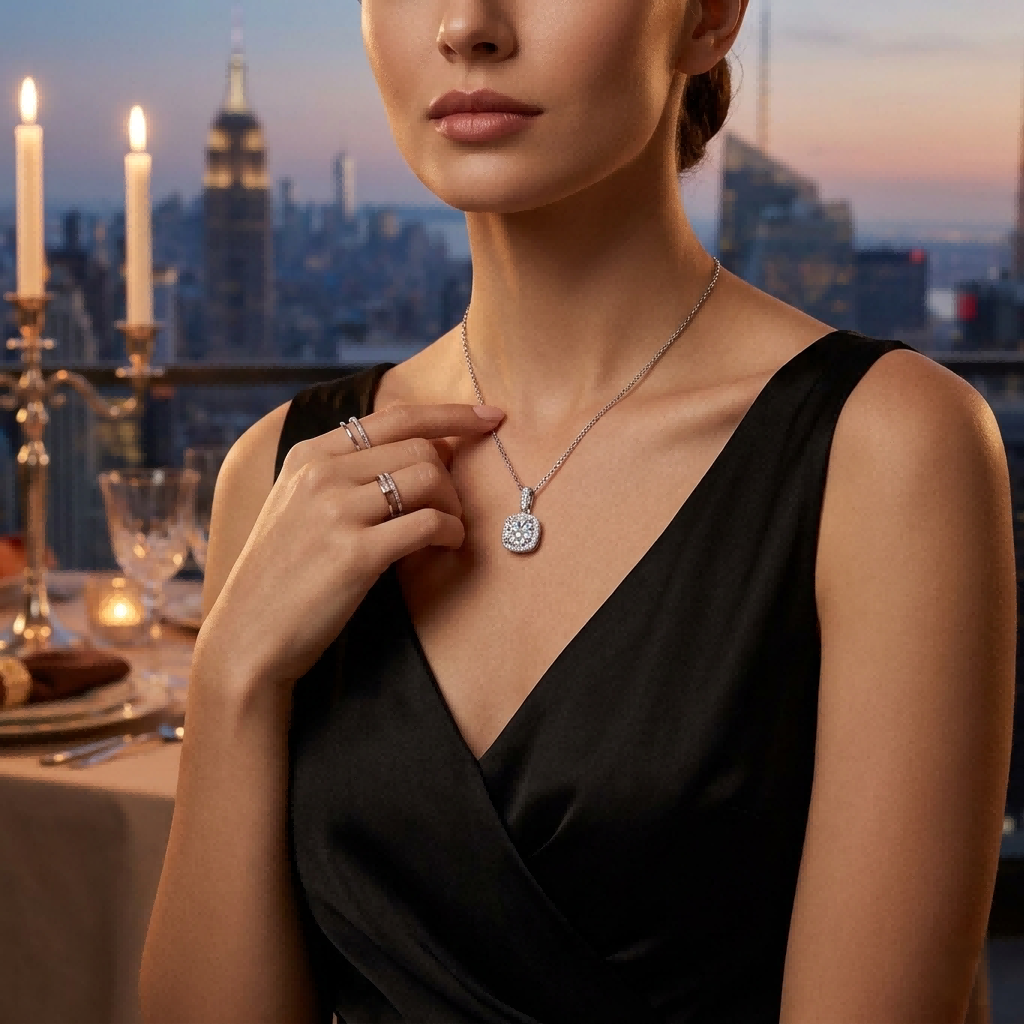 TARA AYARH LUNE - Carbon Lab | 1ct Moissanite Halo Pendant Necklace in Rhodium-Plated Silver